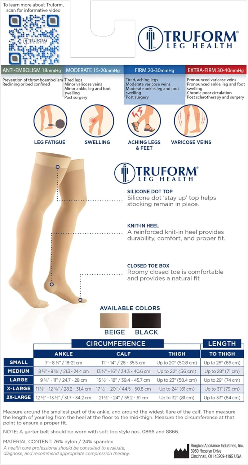 Truform 20-30 Mmhg Compression Stockings for Men and Women, Thigh High Length, Dot Top, Closed Toe, Beige, Medium