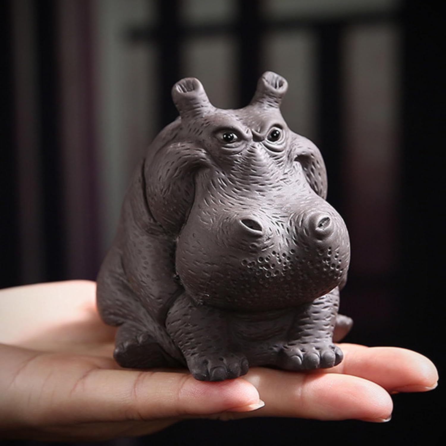 Handmade Purple Clay Hippo Figurine, Symbol of Prosperity, Tea Lovers, Home Office Decor, 3.7In image number 3