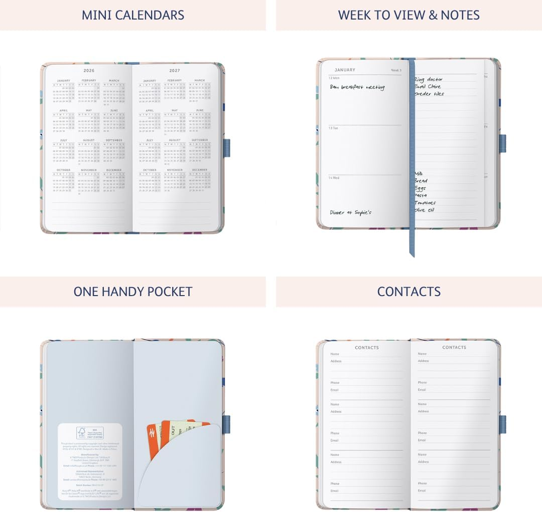 Busy B 2026 Slim Weekly Planner Diary with Birds Cover - Compact Design Pocket Diary, Week to View Layout, Notes Pages & Storage Pocket - Handbag-Sized Journal for Organisation