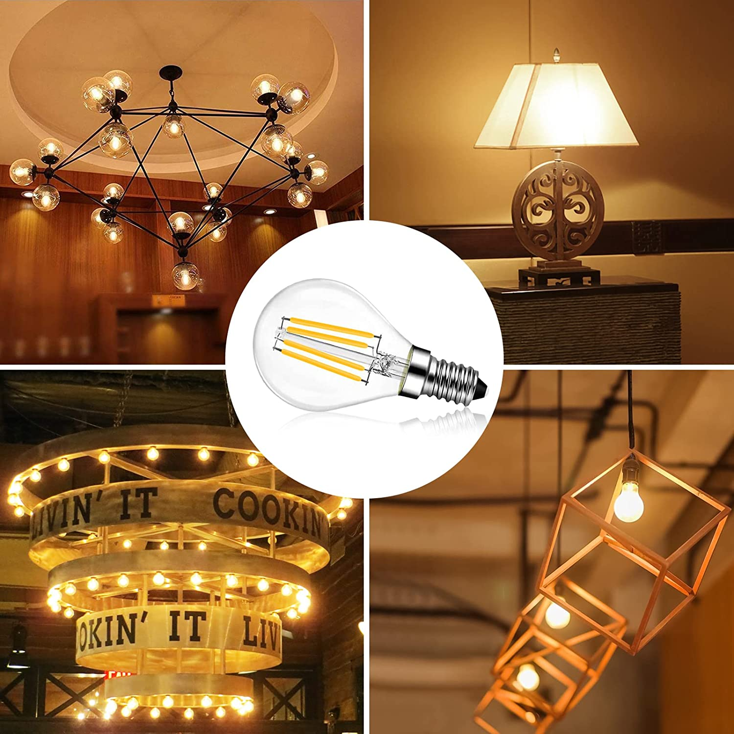 BRIMAX E14 LED Vintage Golf Ball Bulb Dimmable 4W, 40W Equivalent, Soft Warm White 2700K 400Lm, SES Filament Mini Globe Marquee Bulb, G45 Chandelier Light Bulbs, Bedroom Bulbs, 4 Pack image number 4