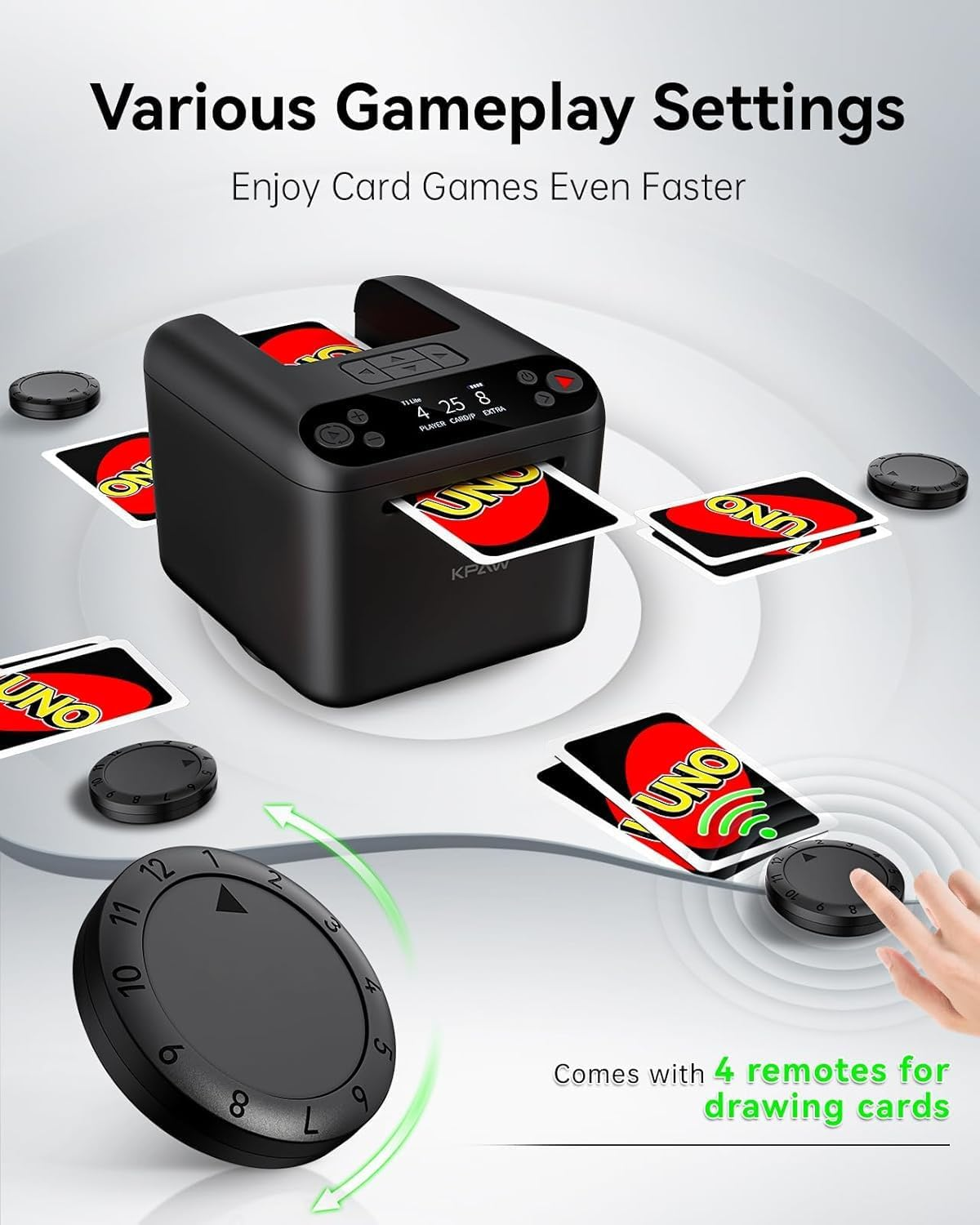 Automatic Card Dealer Machine- 3 Decks Capacity,With 4 Drawing Remotes,Adjustable for 1-12 Players,360&deg; 180&deg; Rotation, Supports Multiple Card Sizes Including Poker, Mahjong, Bridge, and Standard Cards image number 3