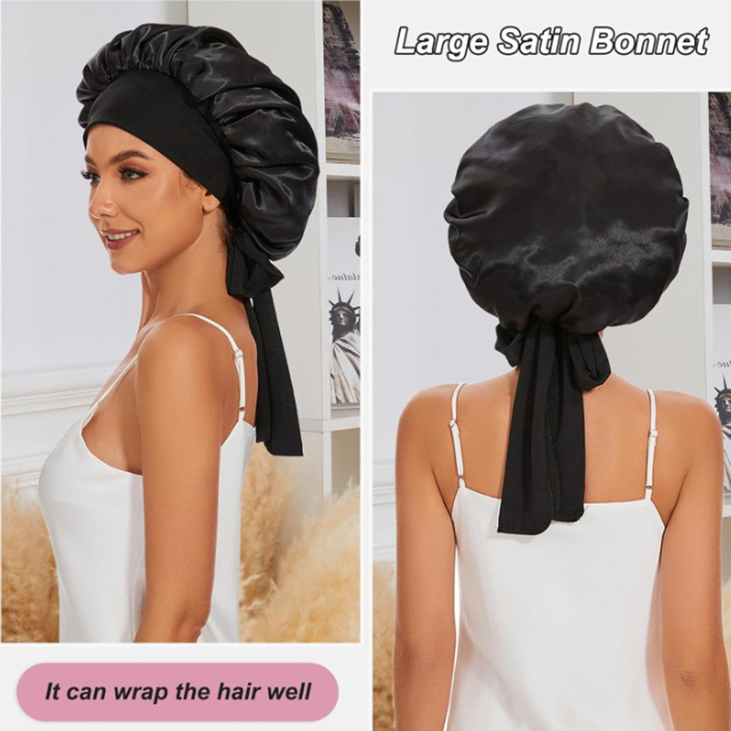 Black Large Satin Silk Bonnet for Sleeping Jumbo Sleep Cap, Double Layer Hair Bonnet with Tie Band,Wide Elastic Satin Shower Cap for Women image number 4