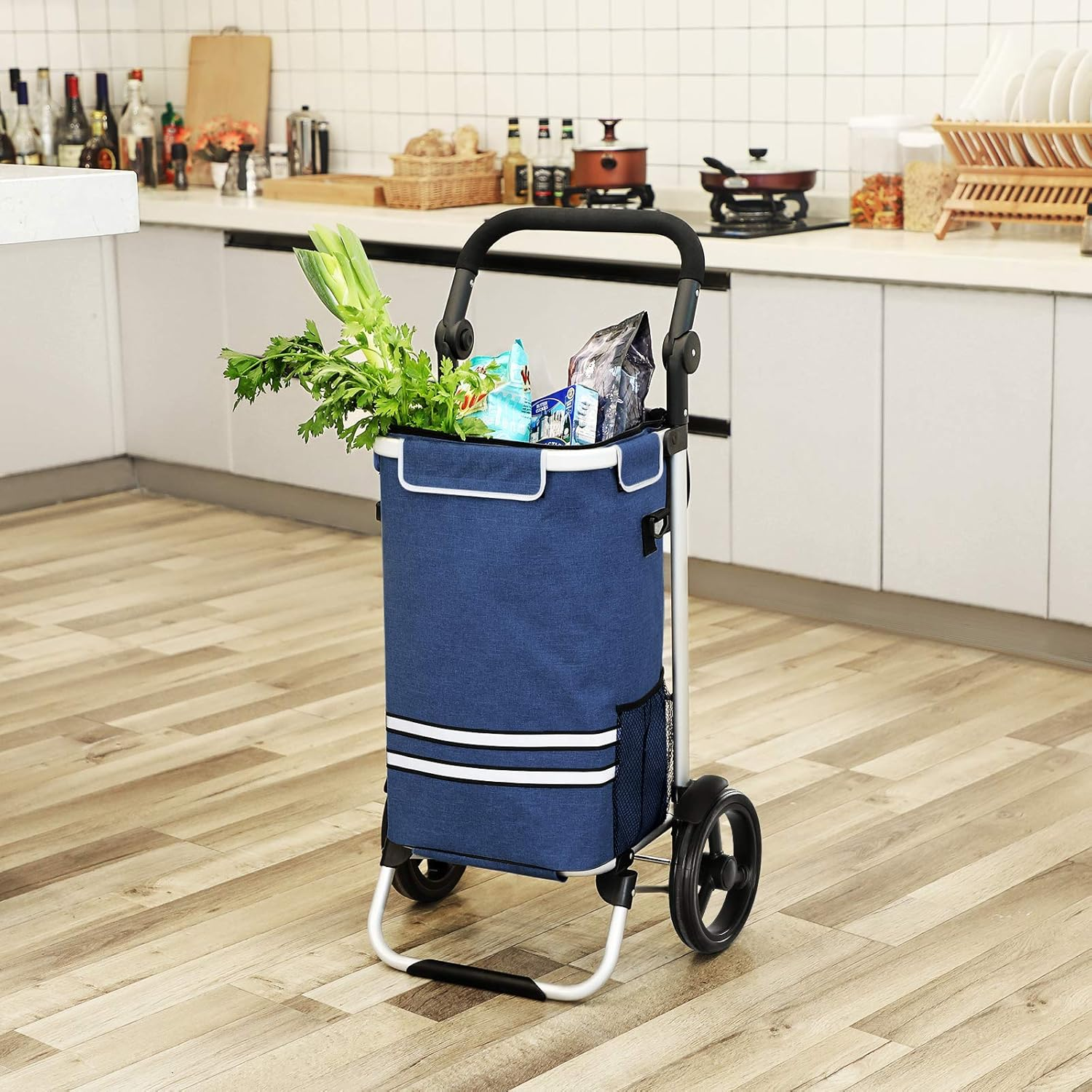 SONGMICS Shopping Trolley, Foldable Shopping Cart, Solid, with Insulated Cooling Bag, Large Capacity 35L, Multifunctional Luggage Cart with Wheels, Detachable Backpack, Blue KST02BU image number 3
