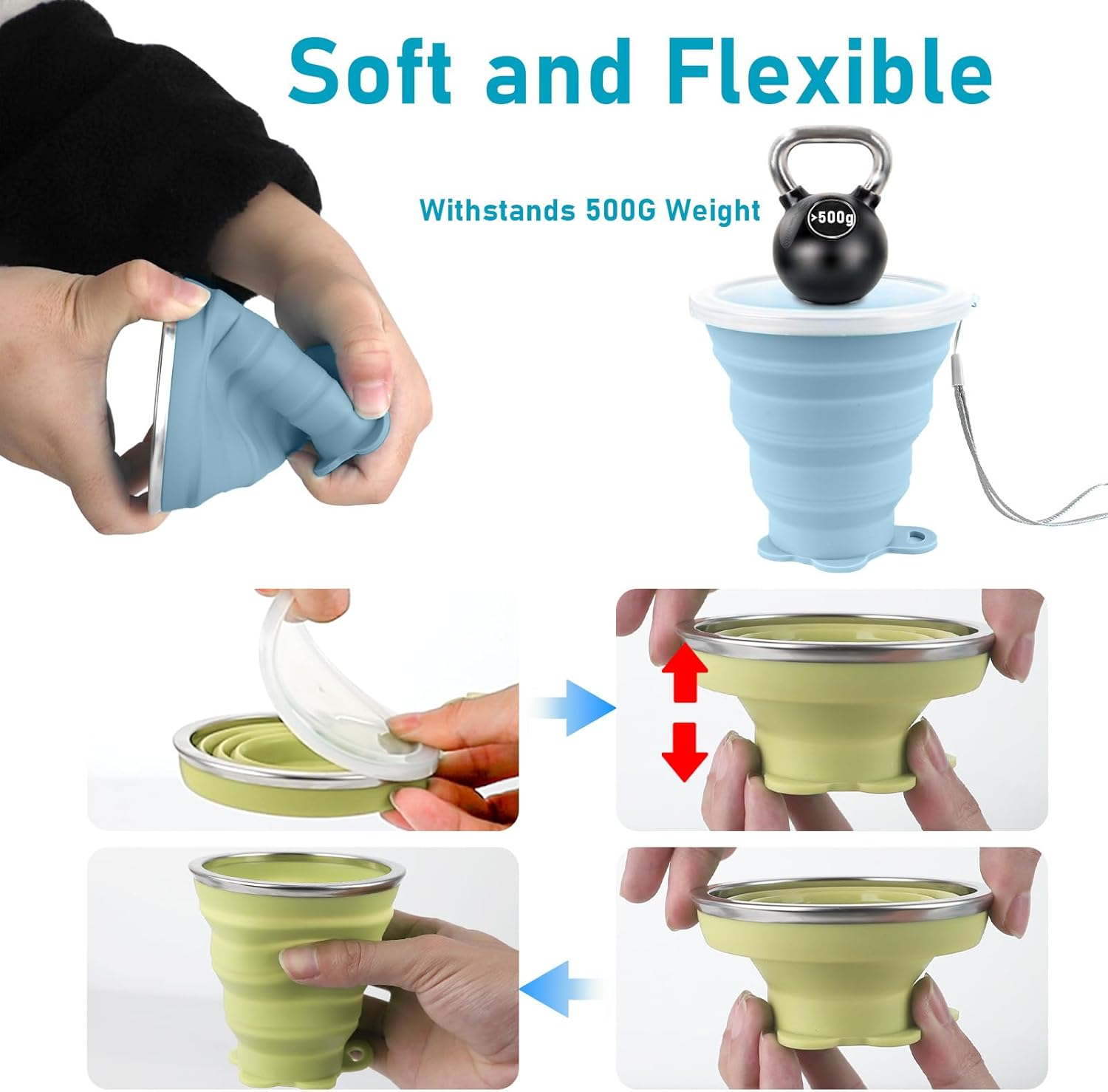 Ddluck Silicone Collapsible Camping Cup, 4 Pack 320Ml Foldable Travel Mug, Folding Portable Cups with Plastic Sealing Lid, Reusable Mugs Set for Picnic, Camping, Office, Outdoor Hiking - Green  Gray image number 6