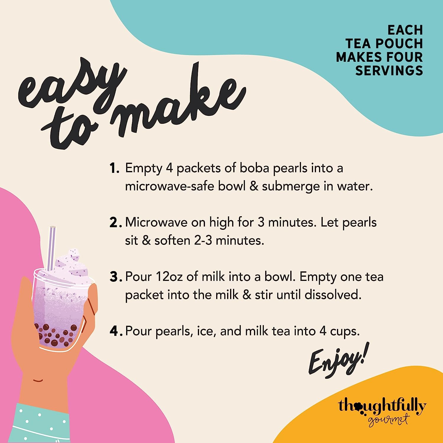 Thoughtfully Gourmet, Mini Boba Party Set, Makes 16 Tasting Portions of Bubble Tea, Includes 4 Flavors, Boba Pearls, Cups, Lids, and Straws image number 6