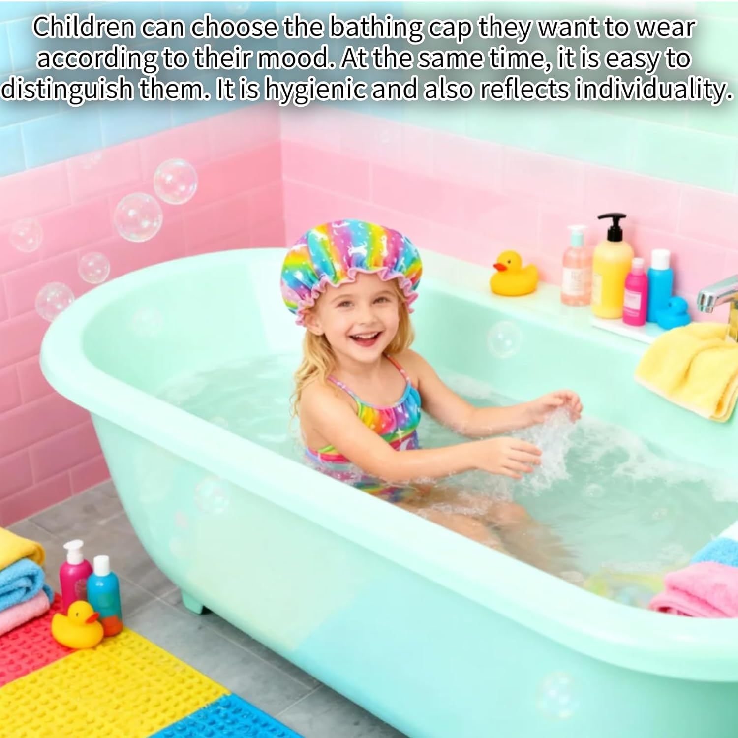 AUDWUD 3 Pcs Childrens Shower Cap，Reusable Waterproof Adjustable ，Cute Rainbow Star Long Hair Head Cap， for Taking Shower，Tie Dye, Hair Cover Hat,Dust-Proof and Oil-Proof，Bright and Vivid Colors image number 4