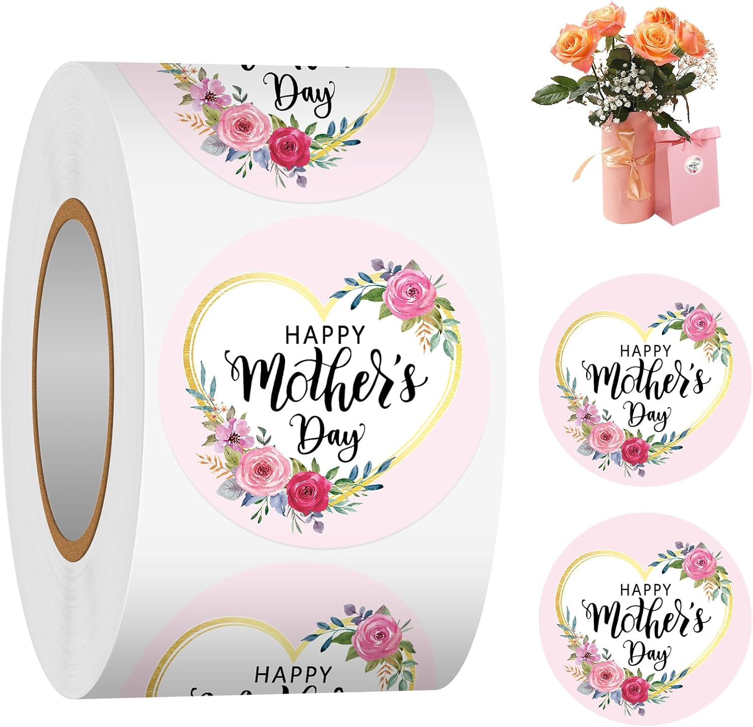 Happy Mother'S Day Label Stickers Roll，1.5 Inch 500 Pcs Love Heart Mothers Day Stickers, Gift Tag Stickers for Envelope Seals Party Gift Favors Box Cards Decorations