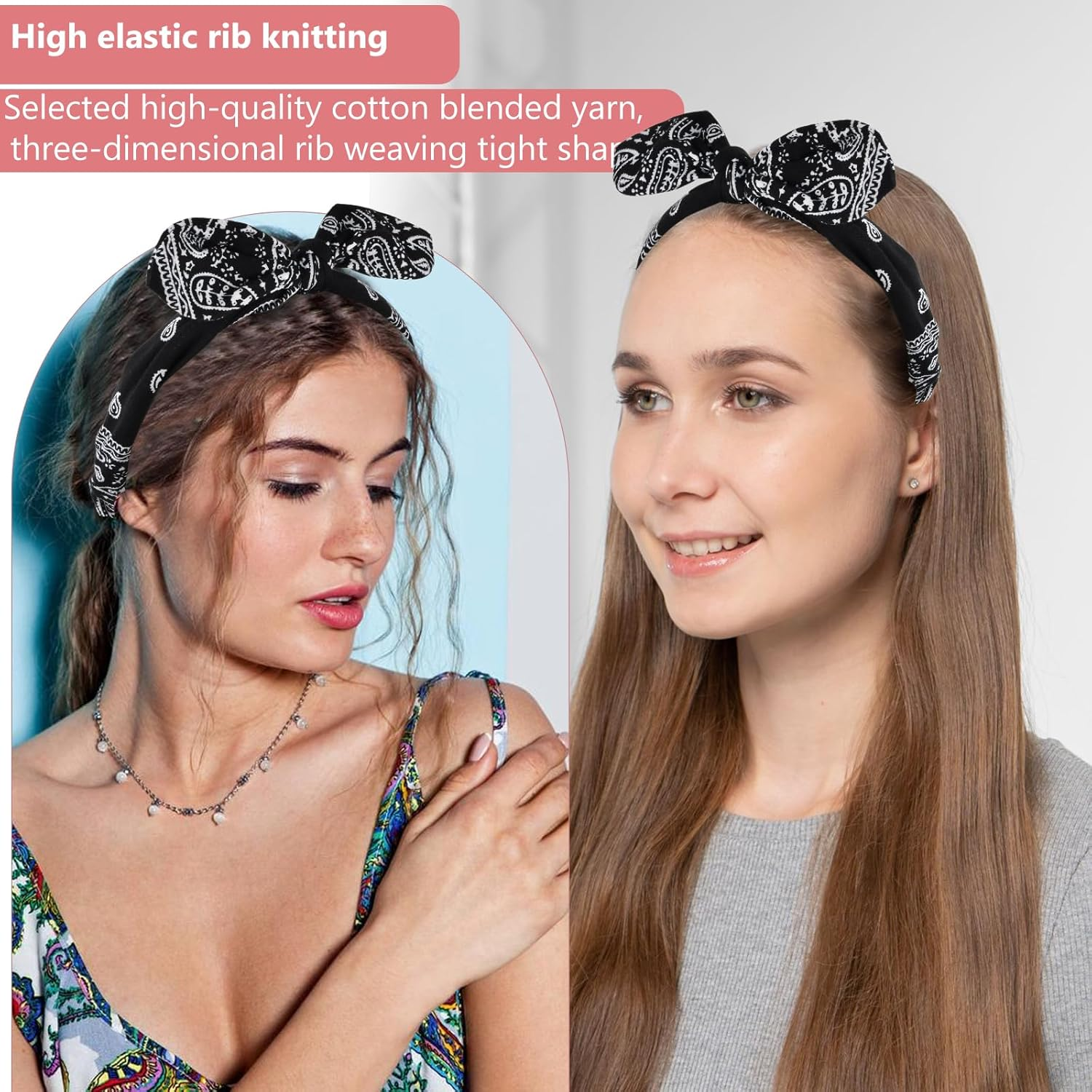 Culinavog Pack of 3 Boho Hair Bands, Women'S Retro Polka Dot Print Headbands, Paisley Print Headband, Boho Bow Bandana, Adjustable Headwrap for Everyday, Sports, Yoga (Red + Black + White) image number 4