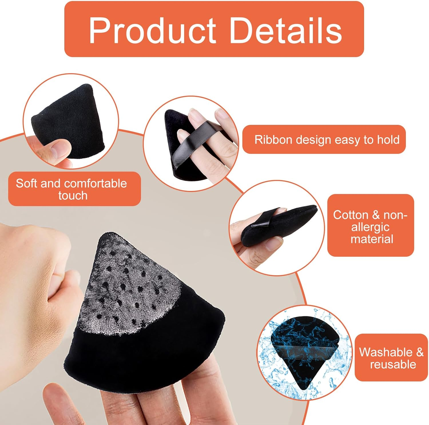 8 Pieces Triangle Makeup Powder Puff, Face Sponge Powder Puff, Washable Reusable Sponge, Wet Dry Makeup Tool for Loose Powder or Foundation Blush (4Black + 4Grey) - Black+Grey image number 3