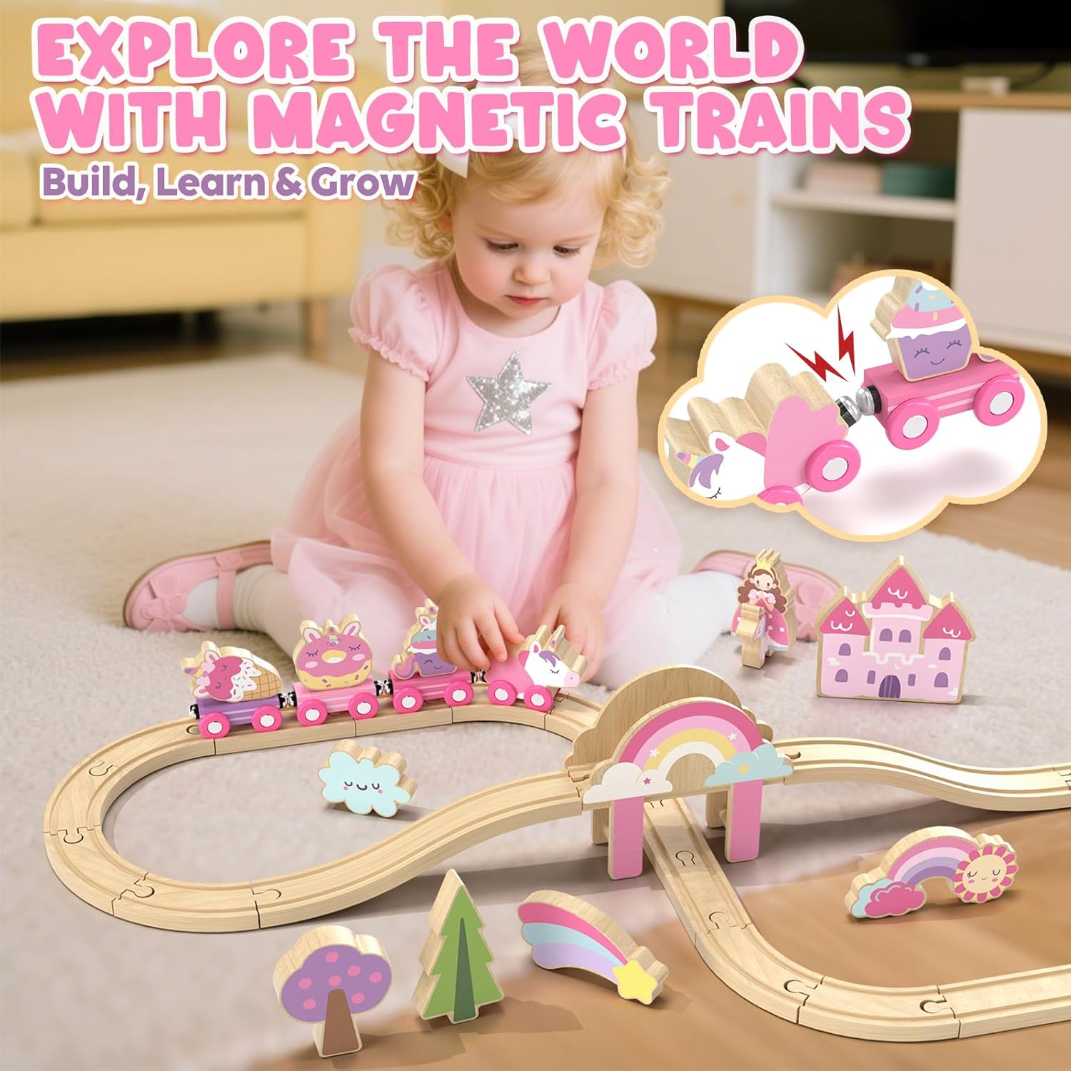 Lehoo Castle Wooden Toys, Wooden Train Set, Unicorn Toys for Girls Trains & Train Sets, Kids Toy S for 3 4 5 Year Old Boys, STEM Toy for Boys Girls image number 4