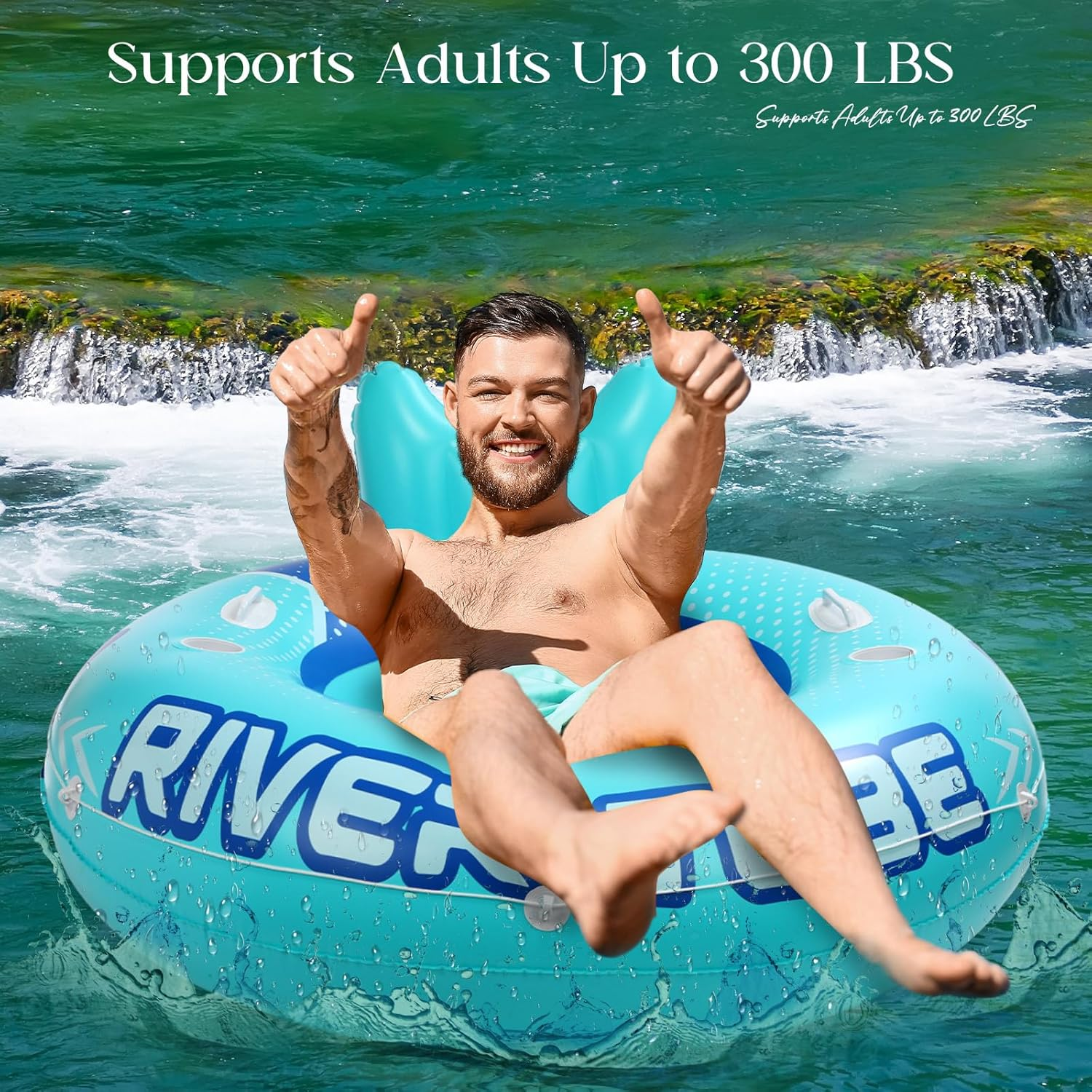 53" Heavy Duty River Tube Float Inflatable Pool Floating Tube for Adult Large River Raft Water Chair Lounger with Mesh Bottom Backrest 2 Cup Holders and Handles,Holds 300Lb image number 6