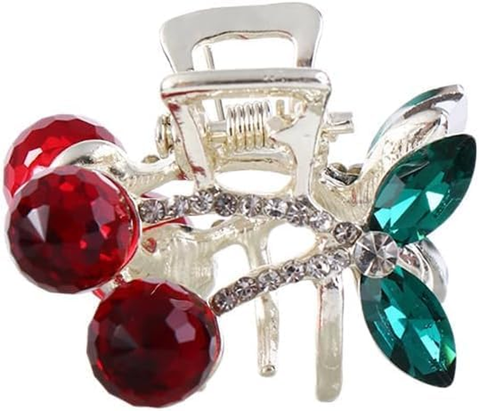 Compact and Cute Clip Cherry Small Hair Claw, 4PCS Mini Crystal Cherry Hair Clip for Women (Red, One Size) image number 5