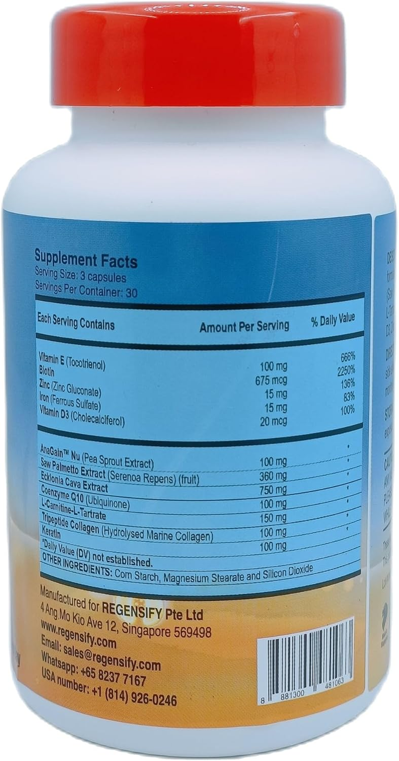 REGENSIFY Redensifying Hair Nutrition - Hair Regrowth Supplement with Anagain Nu, Saw Palmetto, Ecklonia Cava, Coenyzme Q10, Tocotrienol, L-Carnitine | DHT Blocker | anti Hair Loss for Men & Women image number 4