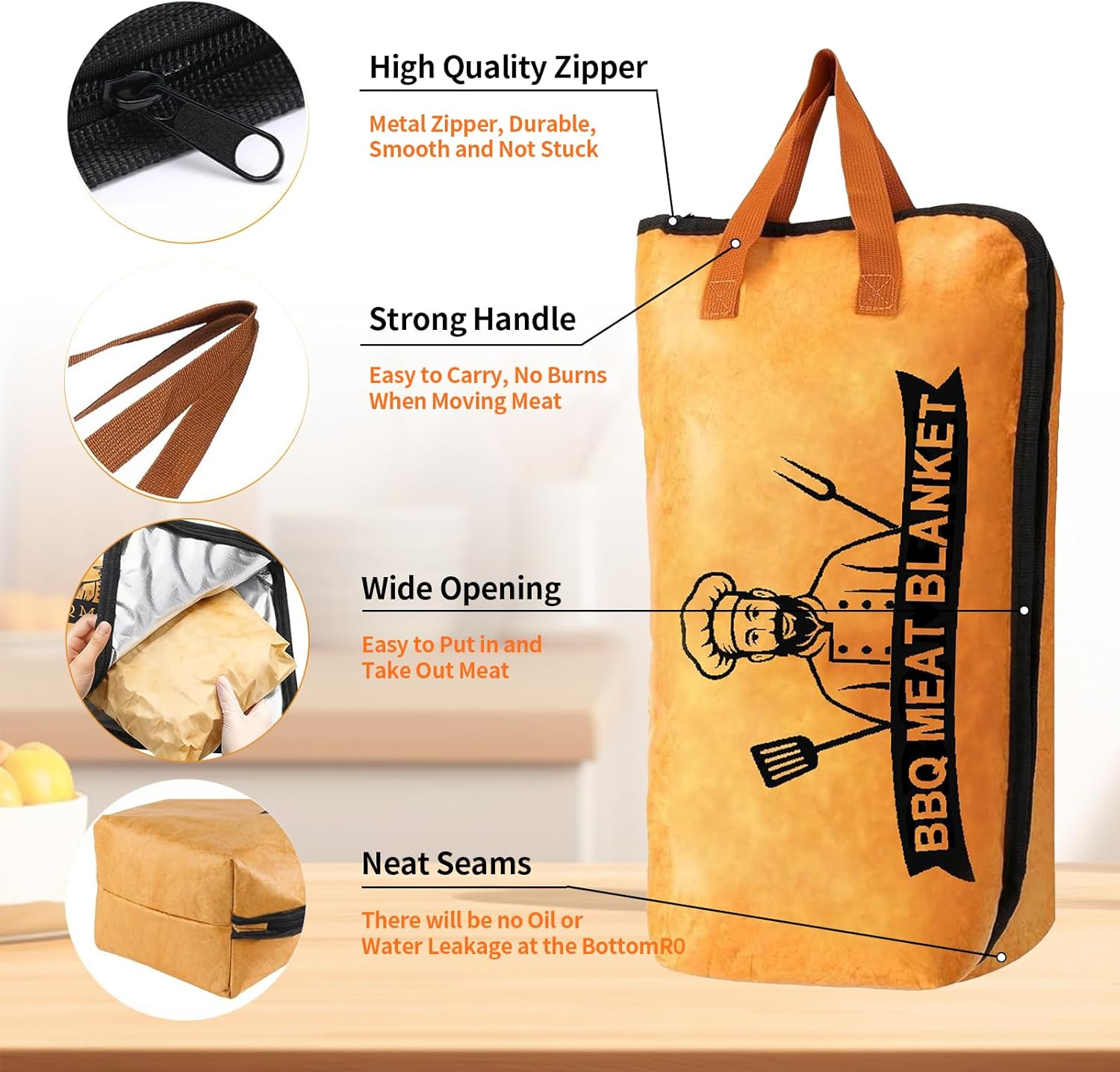 BBQ Blanket for Resting Meat, 21In Meat Resting Blanket for BBQ Accessories, 5-Layer Insulation& Wide Mouth Smoker Grilling Meat Insulated Resting Bag for Large Brisket Picnic Barbecue Christmas Men image number 5