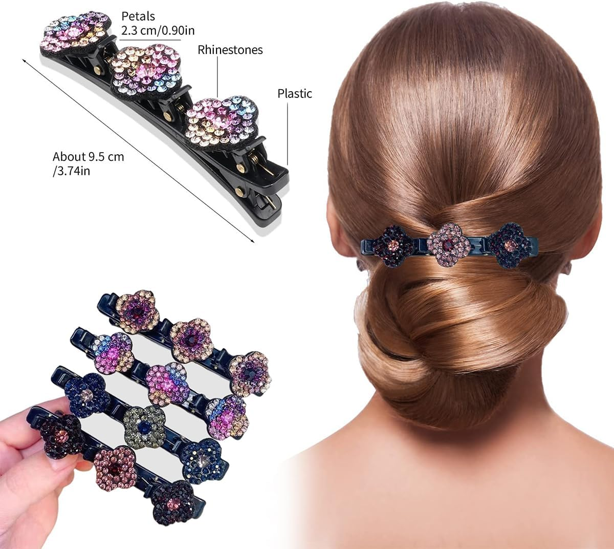 Pack of 4 Glittering Crystal Stone Braided Hair Clips, Hair Clips with Three Flowers, Fringe Clips, Hummingbird Hair Clip with Crystal Flower, Elegant Hair Styling Clips, Shiny Rhinestone Hair Clip image number 1
