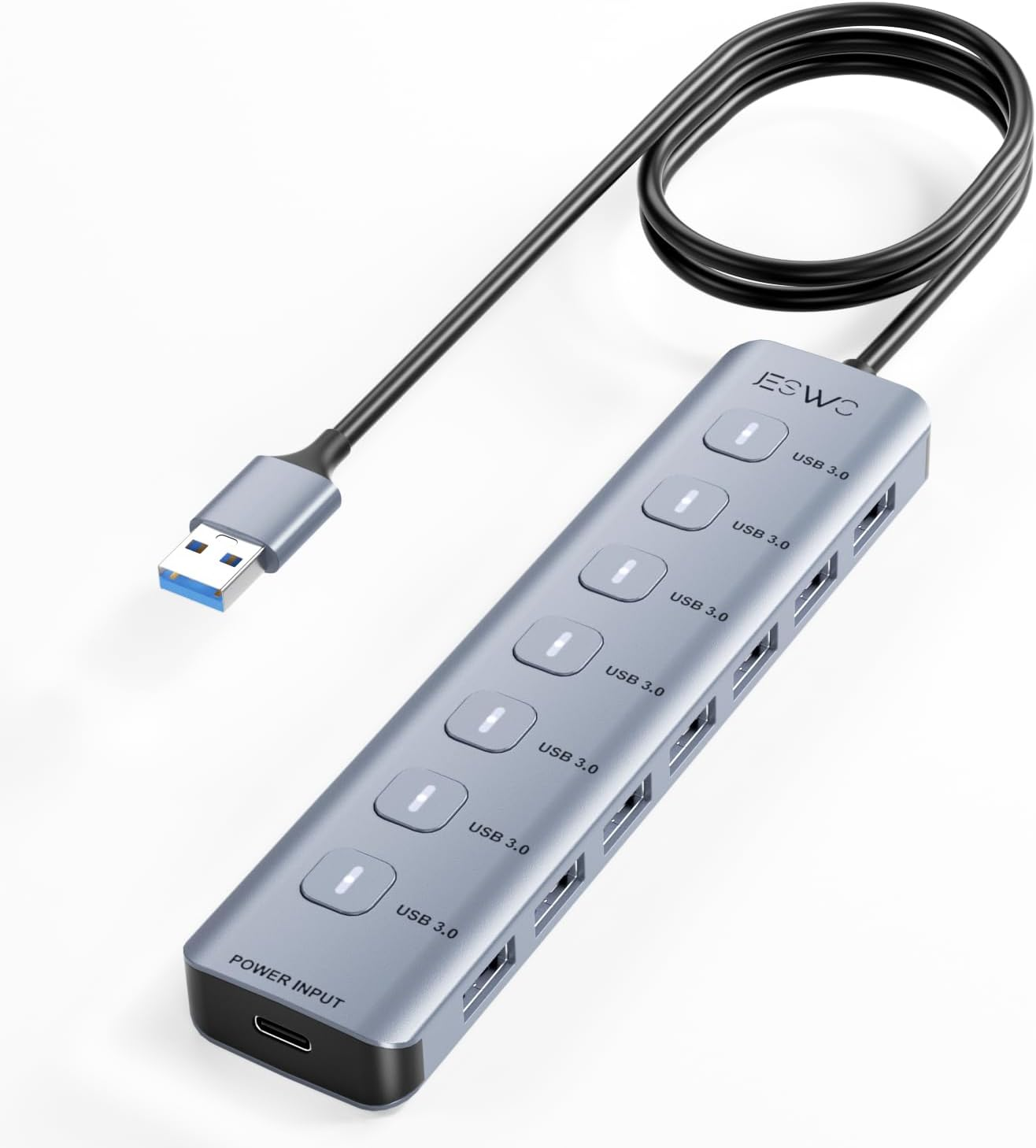 7-Port USB 3.0 Hub &mdash; Aluminum Alloy 7X USB-A Ports with Independent On/Off Switches & LED Indicators, 5Gbps High-Speed, 1M Cable, Plug & Play for Laptop Desktop Mac Windows image number 1