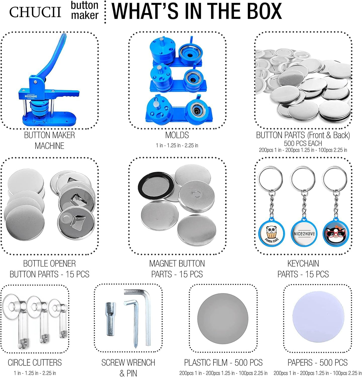 Button Maker Machine, Badge Making Machine Multiple Sizes 25-32-58Mm, 500 Buttons,15 Bottle Openers,15 Fridge Magnets,15 Keychain Buttons, 500+ Free Designs,3 Circle Cutters (Blue)