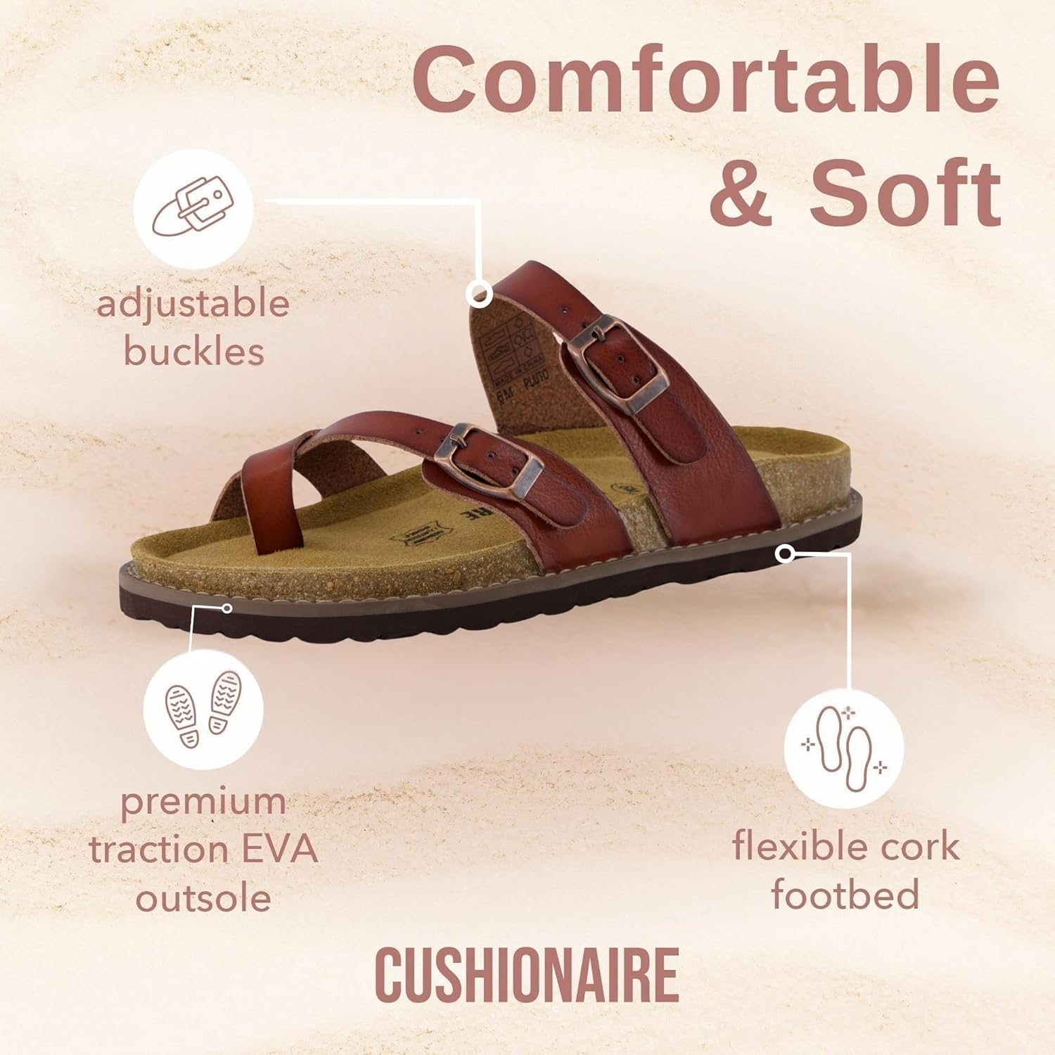 CUSHIONAIRE Pluto Cork Footbed Summer Sandals for Women Comfortable Slides with Adjustable Buckles, Toe Loop & Stitched Design &ndash; Stylish Slip on Women Footwear image number 3