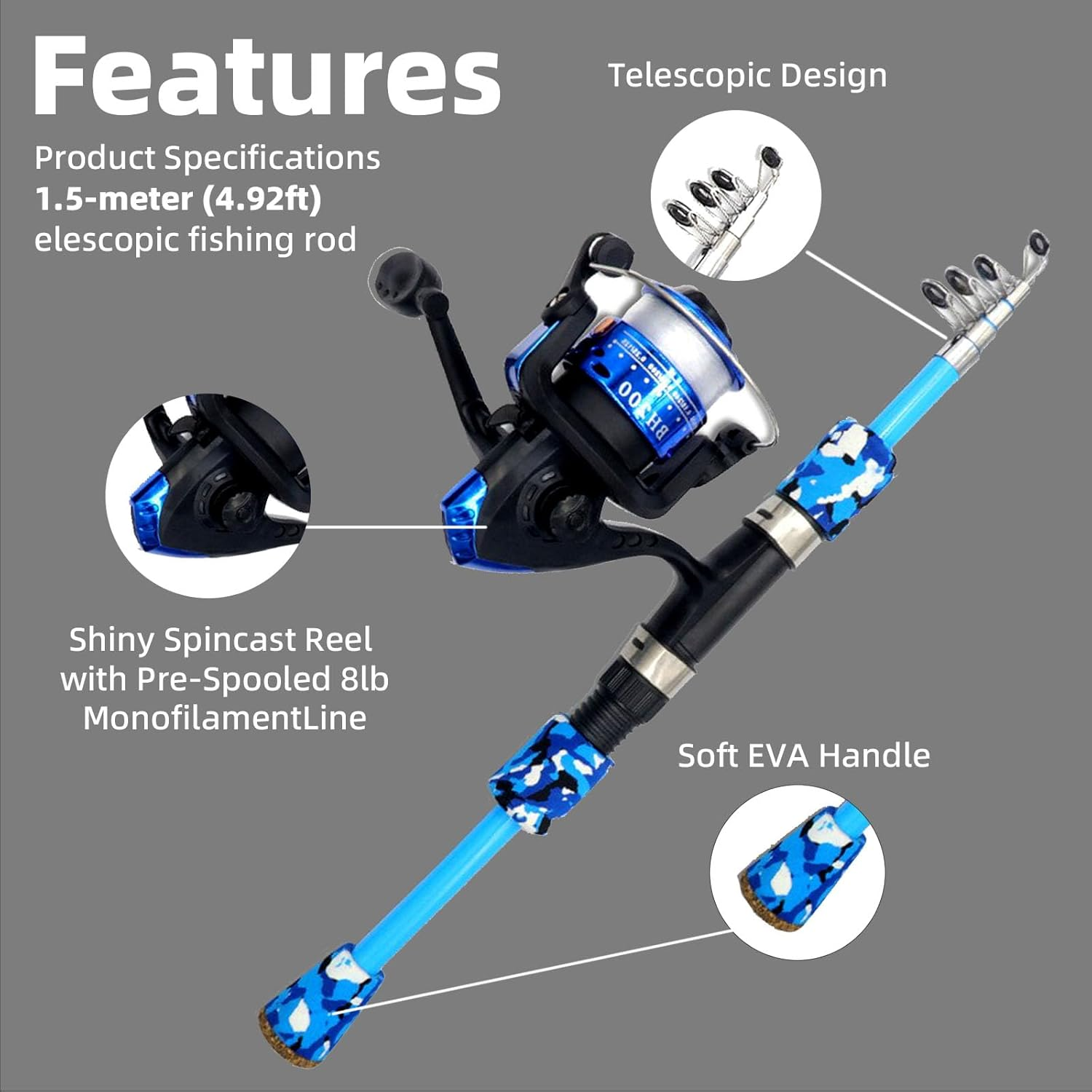 Spinning Fishing Pole Kids &ndash;Telescopic Fishing Rod & Reel Combo, Tackle Box, Carry Bag for Boys and Girls with Full Kits Hooks Lure Case for Youth Fishing and Beginner - 2 Pack - Blue  Red image number 1