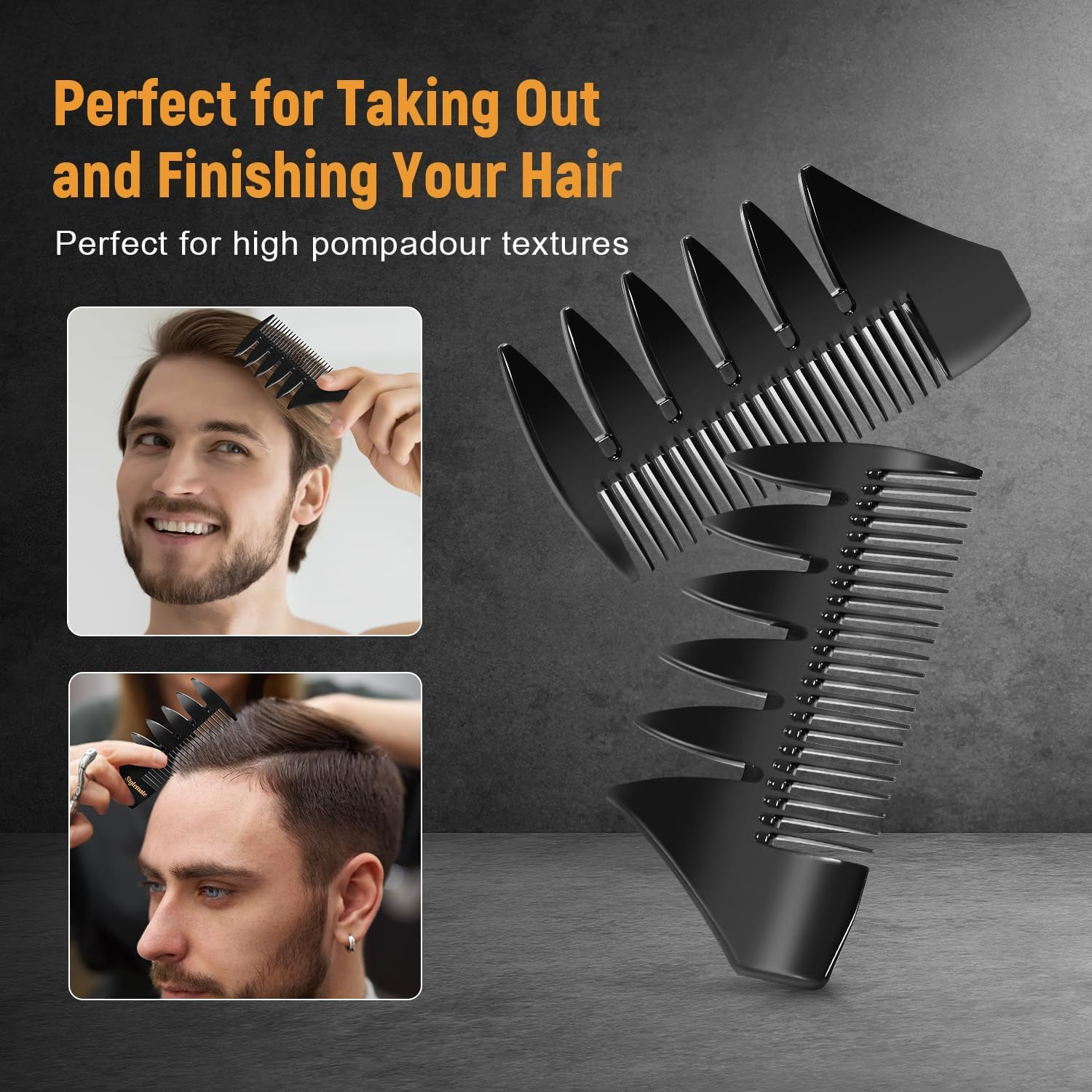 3Pcs Hair Styling Combs Set for Men - Black Barber Wide Tooth Texture Comb for Quiff, Pompadour, Slicked-Back, Fauxhawk, Undercut image number 3