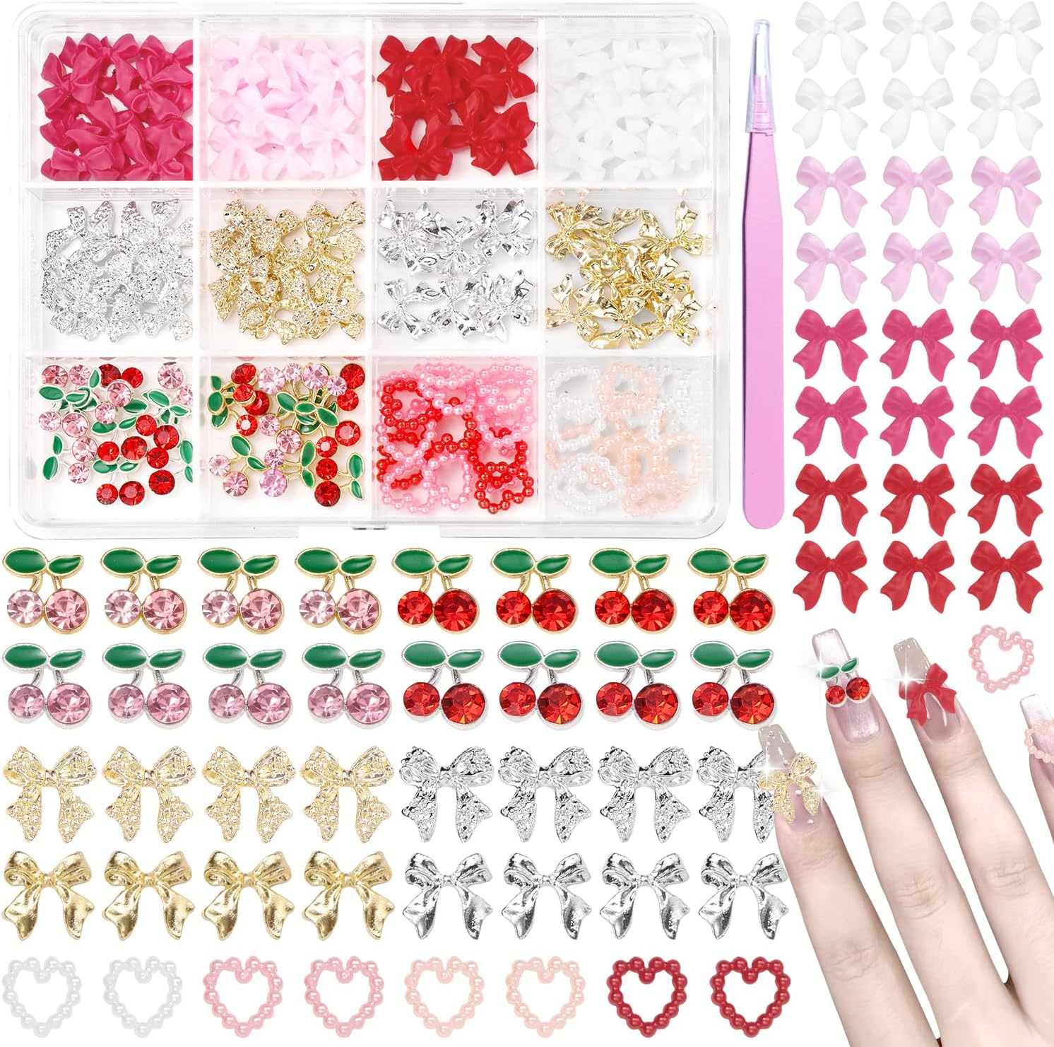 3D Nail Charms and Gems, White Flower Nail Pearls, Polar Clear Butterfly Bear Bows Nails Art Charm, Silver Cherry Star Heart Studs Jewelry Charms for Nails Art Design