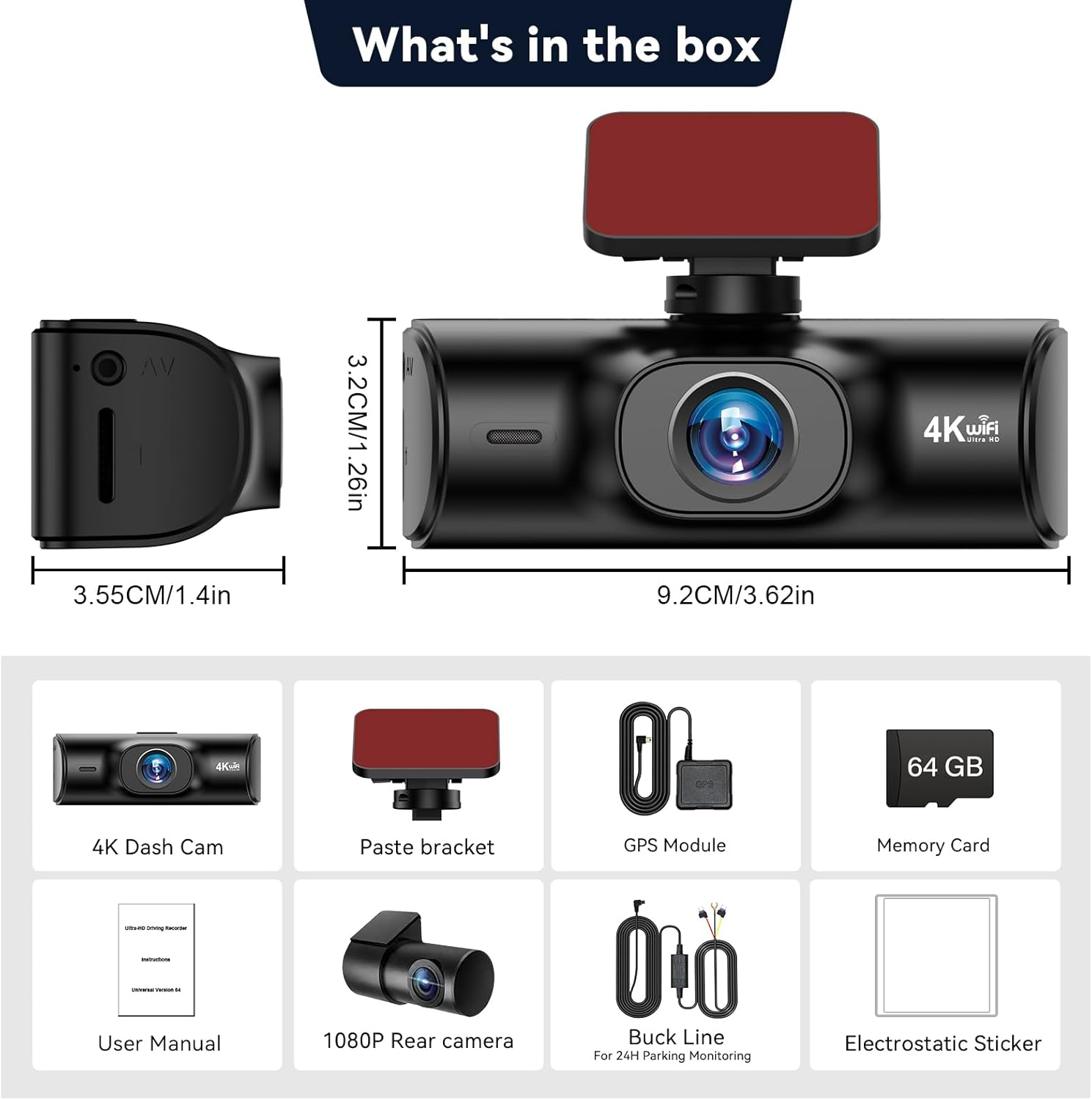 4K Dual Dash Cam Front and Rear, 4K+1080P Dashcam with 64GB Card,Car Dash Camera Built-In Wifi, GPS, 24 Hours Parking Monitor,G-Sensor, Super Night Vision, Loop Recording image number 6