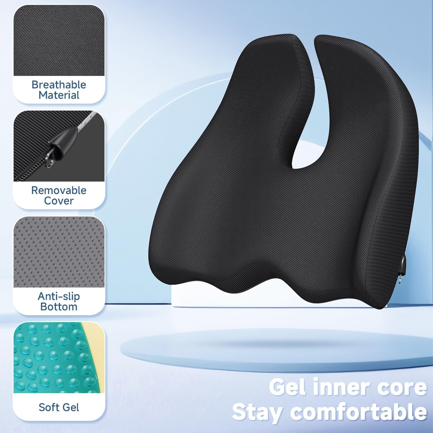 Benazcap X Large Gel Seat Cushion for Office Chair Ergonomic Cushions-Gel & Memory Foam Coccyx Butt Pillow for Sciatica & Back Pain Relief for Long Sitting for Gaming Chair and Car Seat-Black image number 1