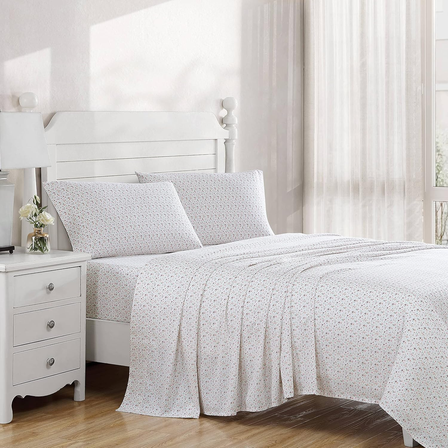 Laura Ashley Home - King Sheets, Soft Sateen Cotton Bedding Set - Sleek, Smooth, & Breathable Home Decor, Evie Coral/Pink