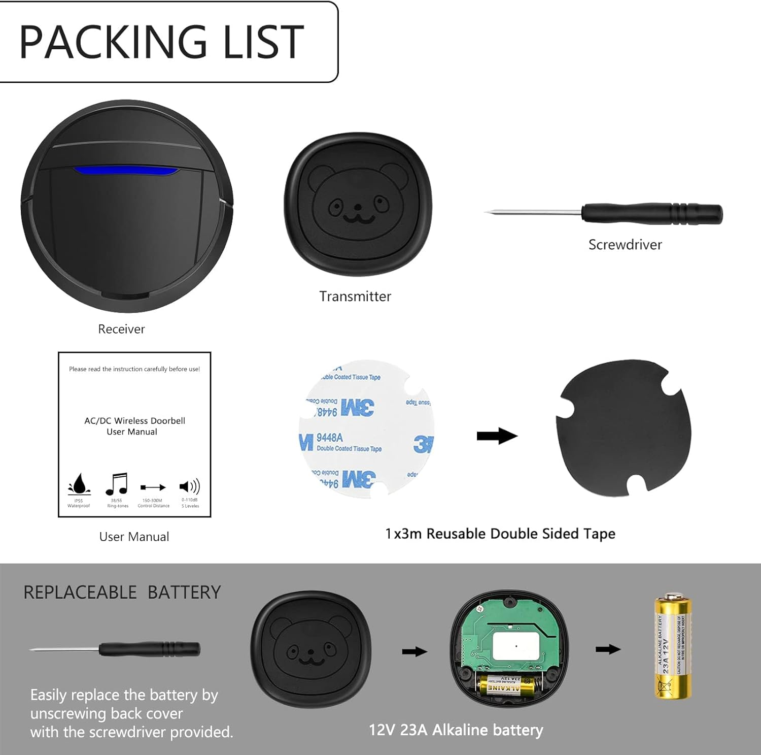 Whimsii Wireless Dog Doorbell, Ring Bell to Go Outside, IP55 Waterproof Buttons, 55 Melodies, 4 Volume Levels & 950Ft Range (Black, 1 Receiver 1 Transmitter) image number 4