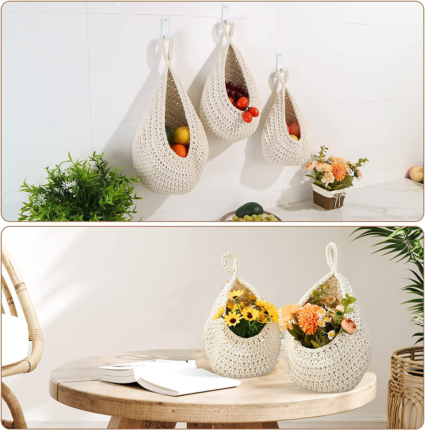 Hanging Fruit Baskets for Kitchen - 3 Pack Boho Wall Hanging Basket with 6 Pcs Strong Hooks, Handwoven Hanging Holder Teardrop Home Produce Basket for Fruits Vegetable Potato Onion Storage (White) - Black,Transparent image number 2