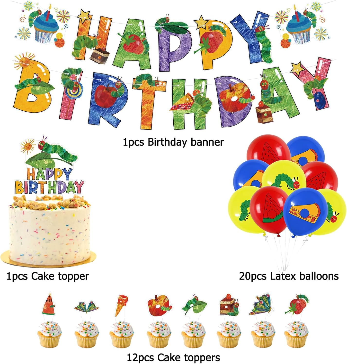 The Very Hungry Caterpillar Birthday Balloons, Banner, Cake Toppers - Bright, Cartoon, Includes Balloon Bow image number 1
