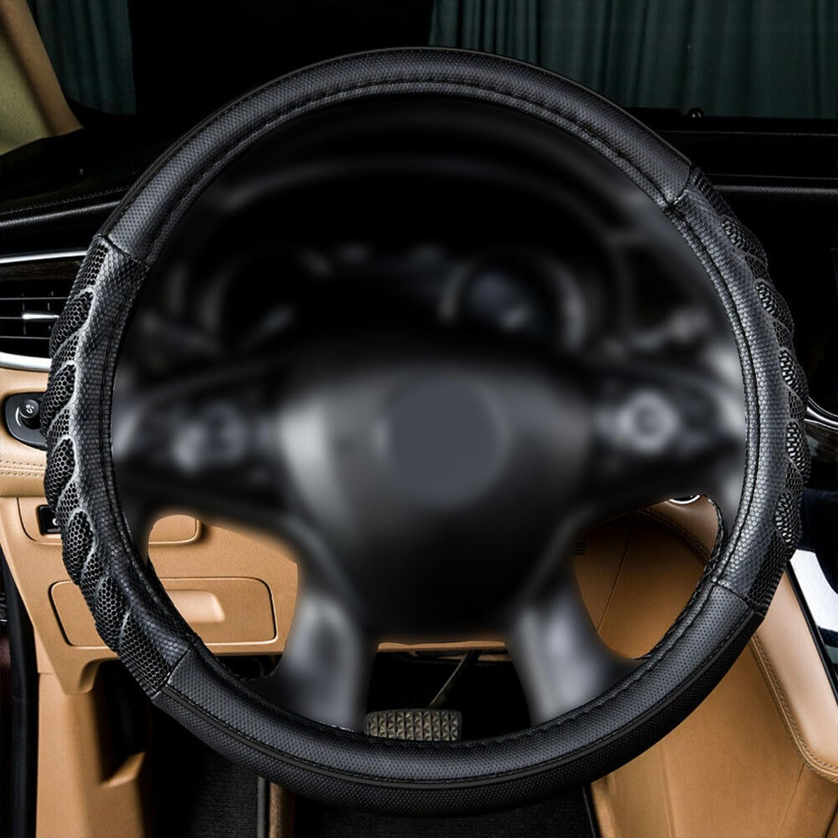 Flying Banner Car Steering Wheel Cover Faux Leather Massage Universal Fit 3D Honeycomb Hole Anti-Slip Sporty 15 Inches (Black Black) image number 2