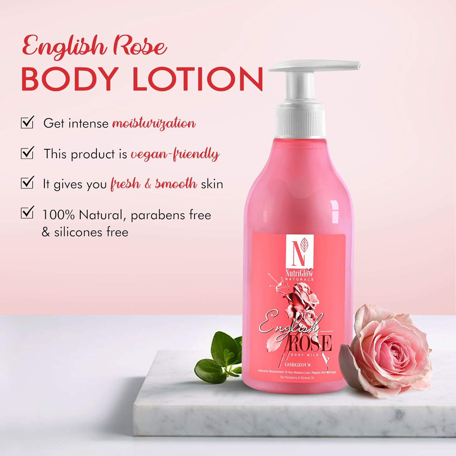 Nutriglow Natural'S English Rose Body Milk | Intensive Nourishment | 8 Hour Moisture Lock | Repairs Skin Damage | No Parabens & Mineral Water | 300 ML