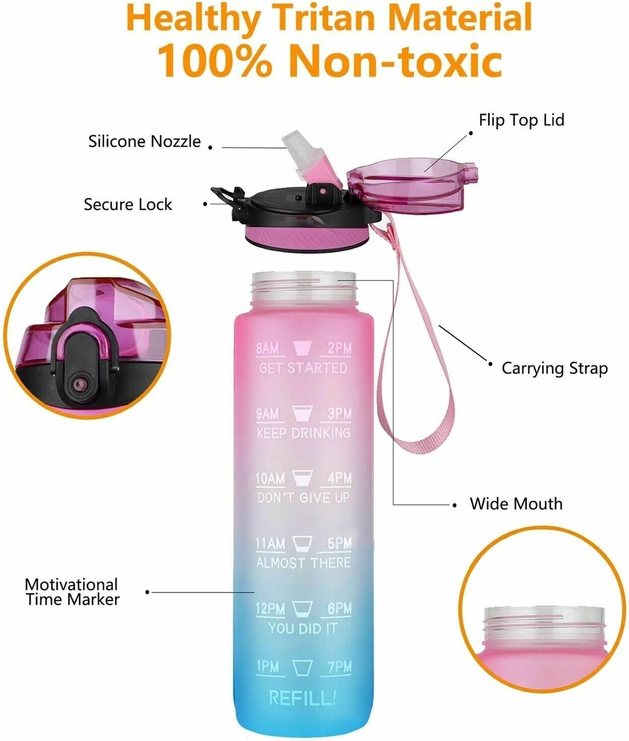 Water Bottle 1L Motivational Drink Flask with Time Markings BPA Free Sport Gym (Grey) image number 1