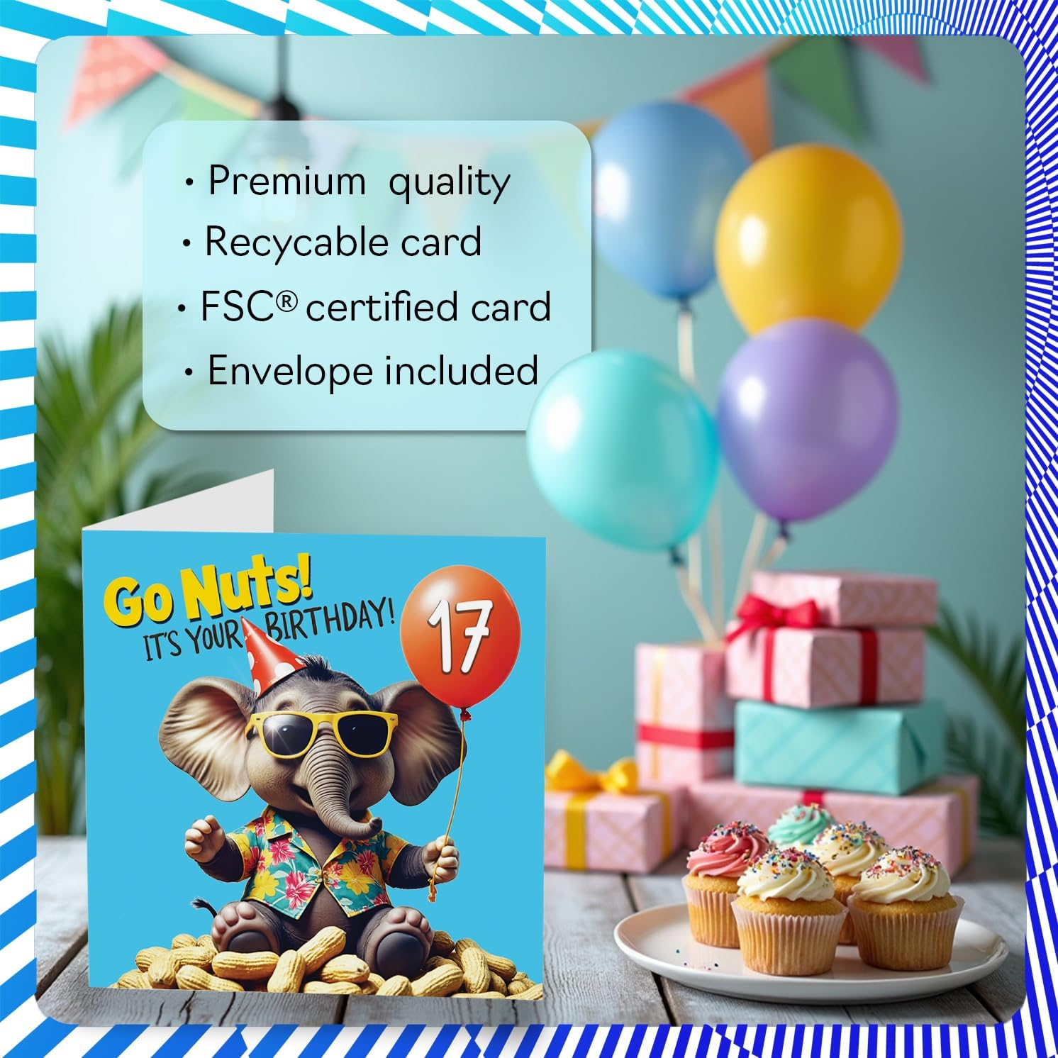 17Th Birthday Cards for Boys Girls - Elephant Go Nuts! Its Your Birthday! - Happy Bday Card for 17 Year Old Boy Girl Grandson Son Niece Sister, 145Mm Bday Greeting Cards image number 2