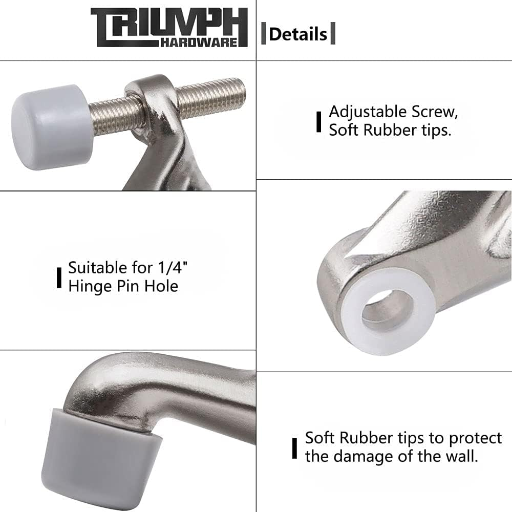 Triumph Hardware 2 Pack Hinge Pin Door Stopper,Adjustable Heavy Duty Door Stopper 2-3/8"X15/16&rdquo;,Brushed Satin Nickel,With Black Rubber Bumper Tips image number 1