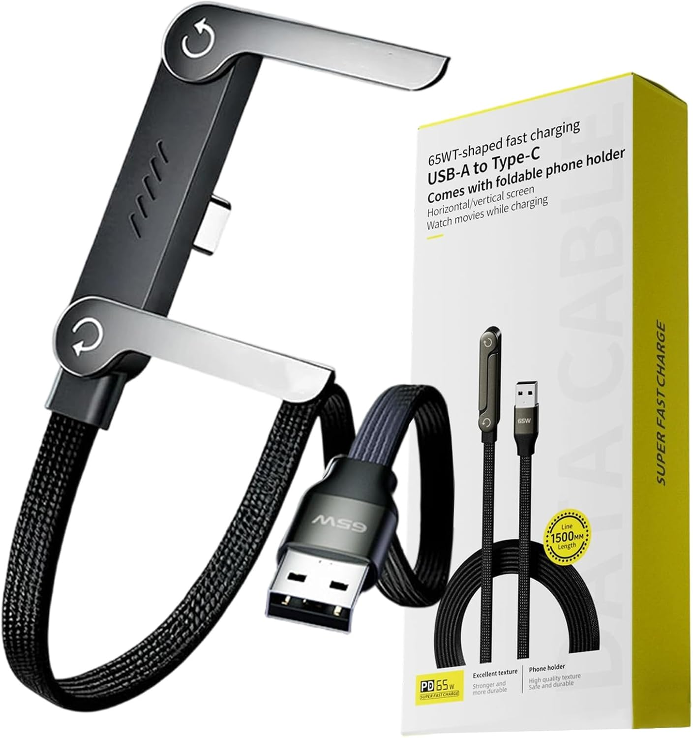 Sideways Phone Charger,2-In-1 Invisible Holder Charger Cable,240W Braided Fast Charge with Built-In Phone Stand, 4.9FT/240W Fast Charging, 360&deg; Rotation, for Smartphones, Tablets (USB to Type-C)