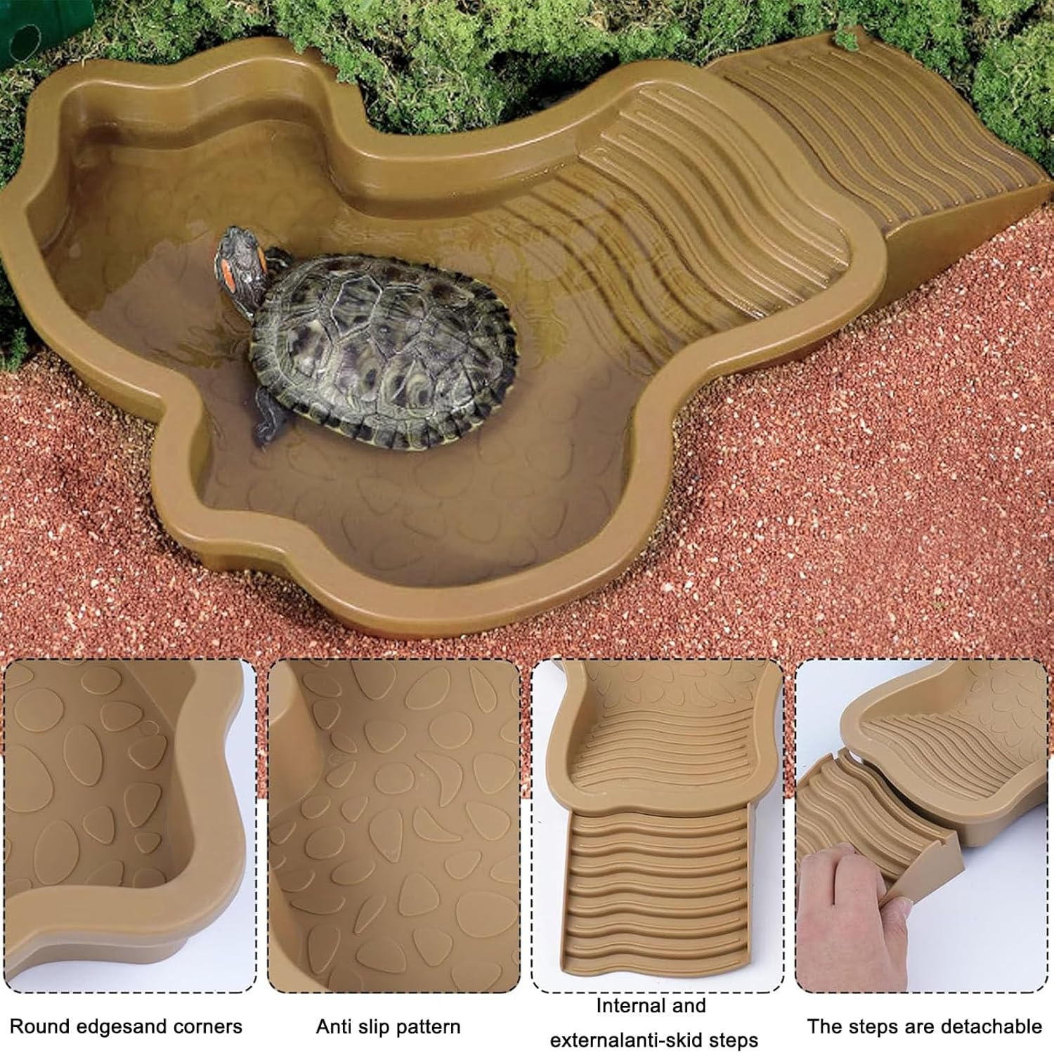 Large Reptile Bath Pool with Ramp - Water & Food Dish for Turtles, Lizards, Snakes, Geckos & Bearded Dragons