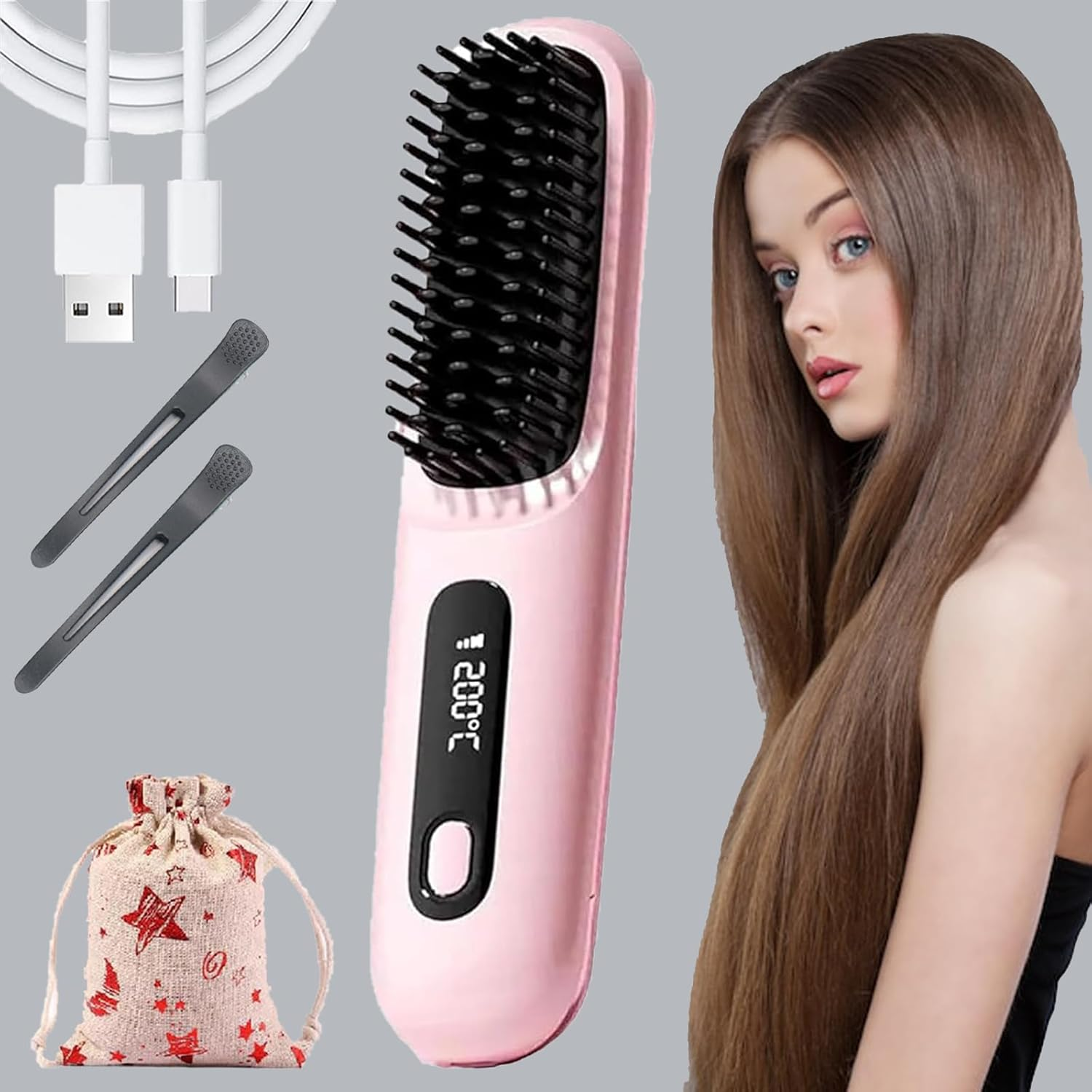 Go Brush Pro,Portable Straightener Brush - Cordless Go Pro Hair (White)