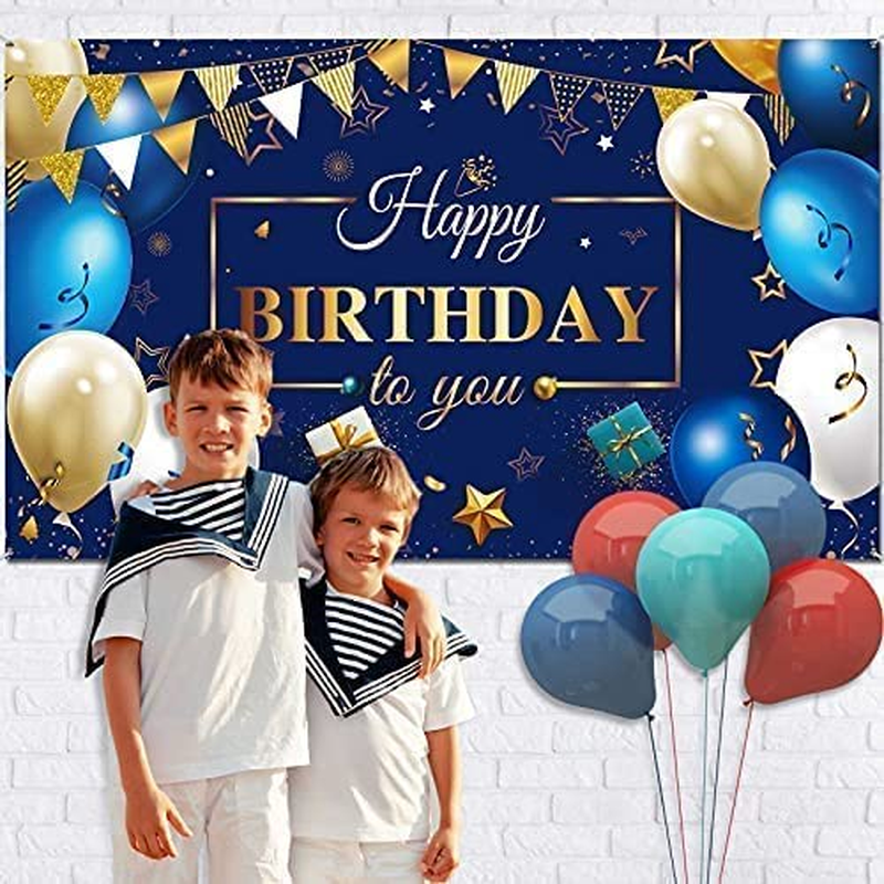Happy Birthday Decorations Banner - Navy Blue and Gold Sign for Party Supplies, Photo Backdrop Background for Children, Men, Women Celebration, 72.8 X 43.3 Inch image number 3