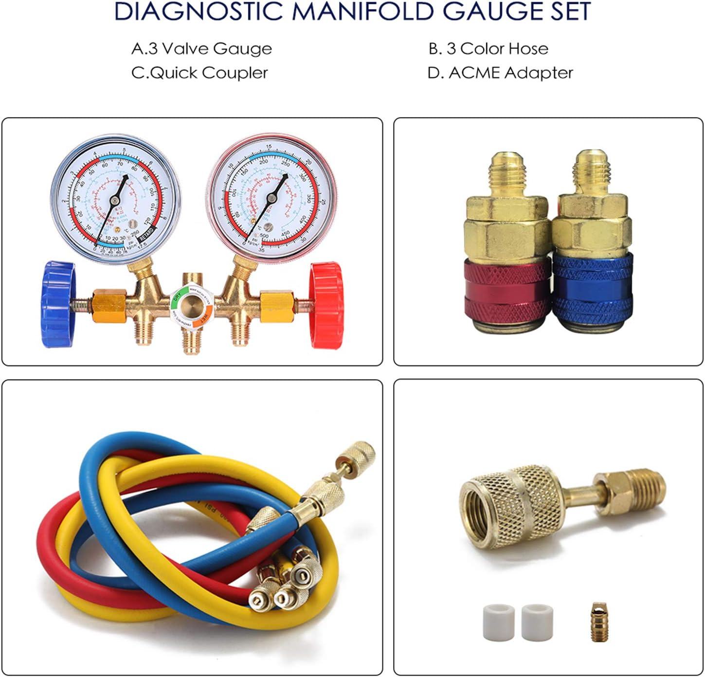 3 Way Refrigerant Gauge AC Diagnostic Manifold Freon Gauge Set Refrigerants with Couplers and Acme Adapter image number 3