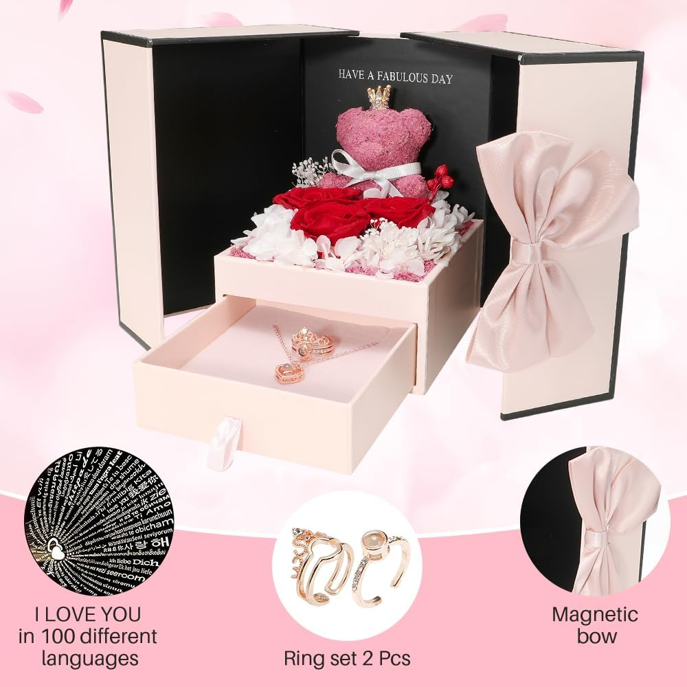 AUTOWT Preserved Rose Gifts for Women, Pink Eternal Flower Rose Box with I Love You Necklace and Ring, Romantic Gifts for Mom Grandma Wife Sweetheart on Mother&rsquo;S Day Valentines Christmas Anniversary image number 1