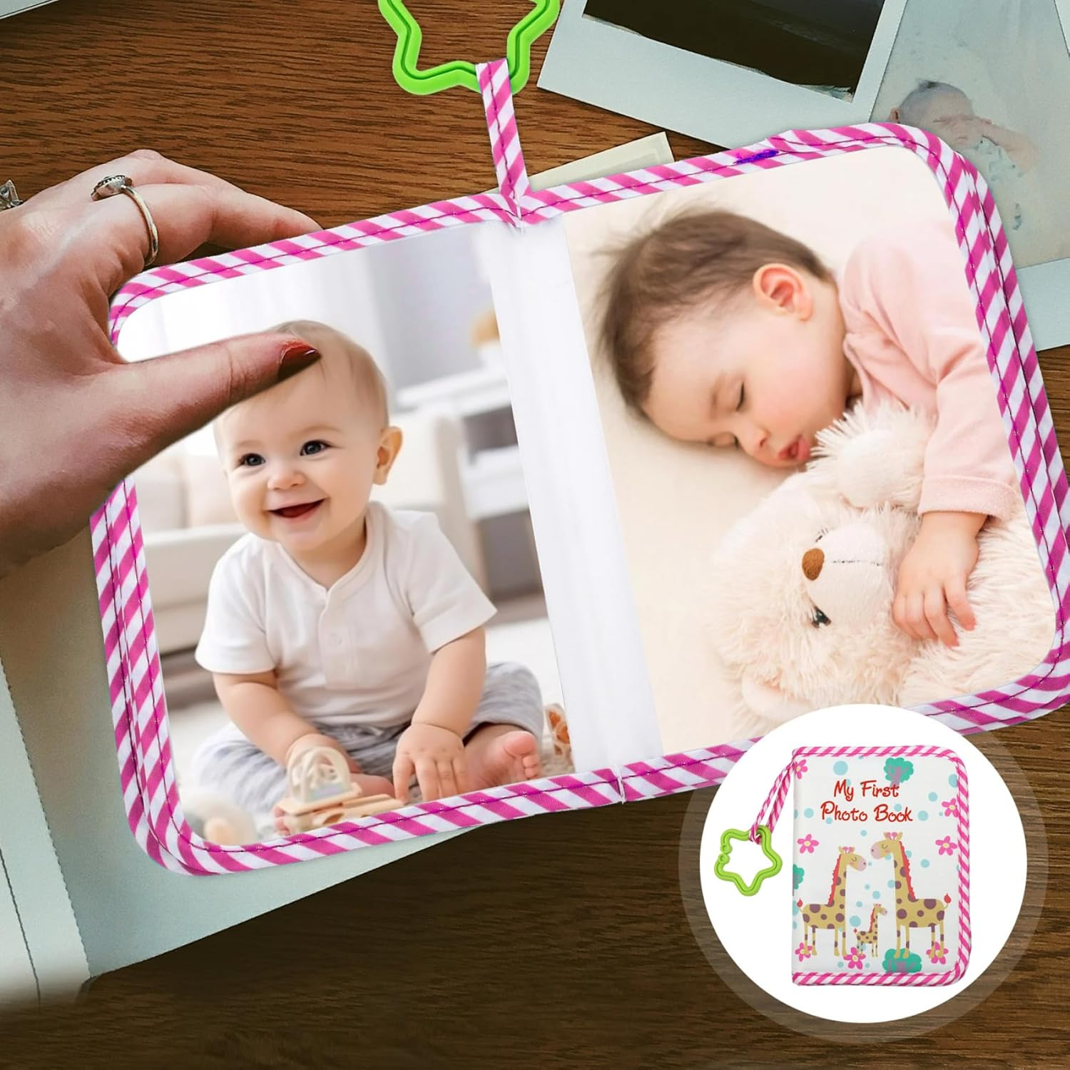 Baby Photo Albums Giraffe Family Pattern Baby Photo Book with Star-Shaped Cilp 6X7.5 Inch Soft Fabric Picture Album for Memorable Moment, Book, Albums image number 3