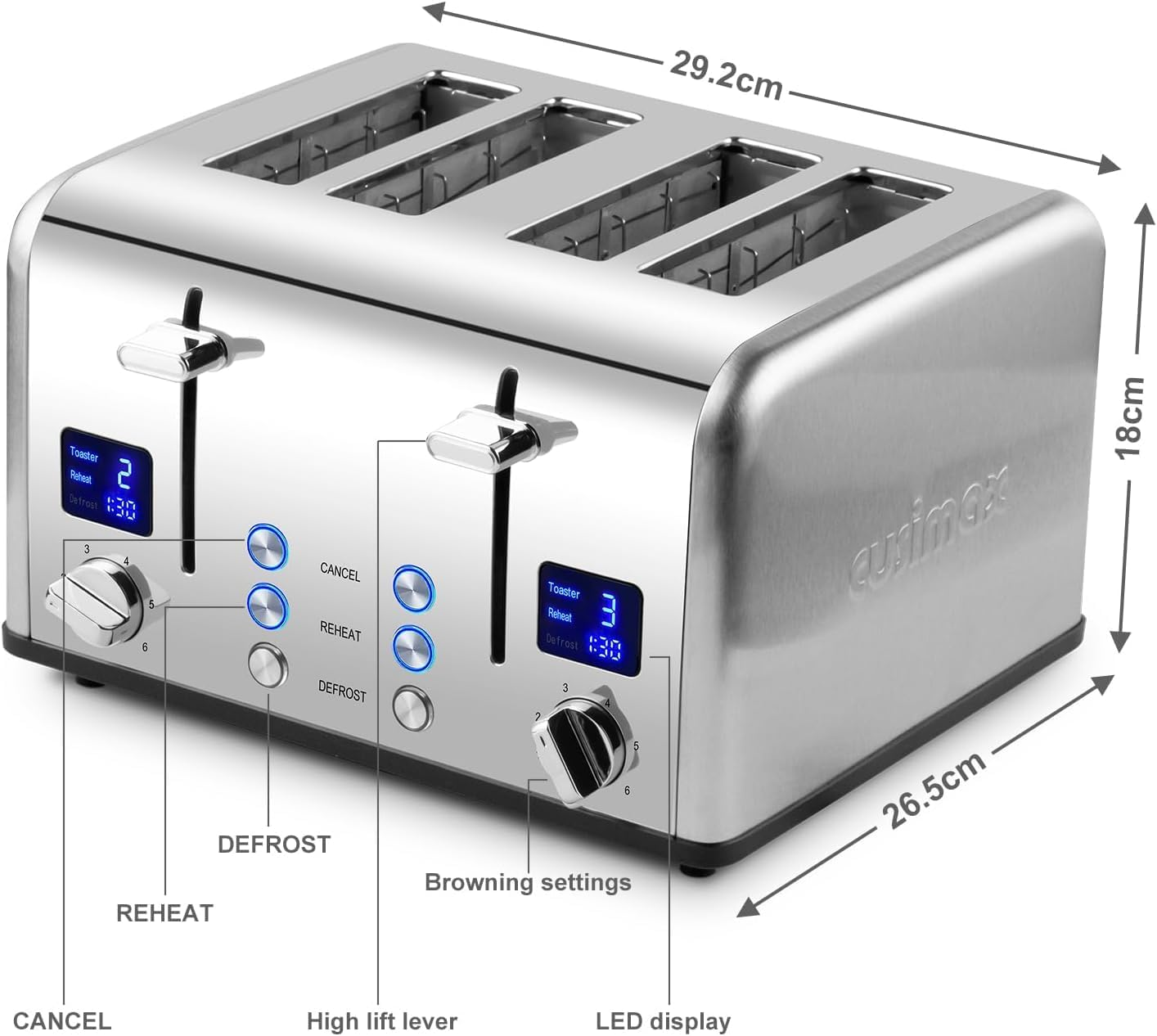 4 Slice Toaster, CUSIMAX Stainless Steel Toaster with Clear LED Display, Bread Toaster with Extra Wide Slots and 6 Browning Settings, Cancel/Reheat/Defrost Function, Removable Crumb Trays, Silver image number 1