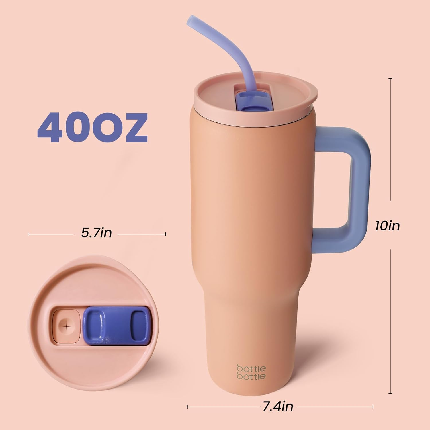 BOTTLE BOTTLE 40 Oz Tumbler with Handle and Straw,Stainless Steel Vacuum Travel Mug,Car Cup with Straw, Stainless Steel Vacuum Water Bottle for Gifts Party Office Coffee (Peach) image number 4