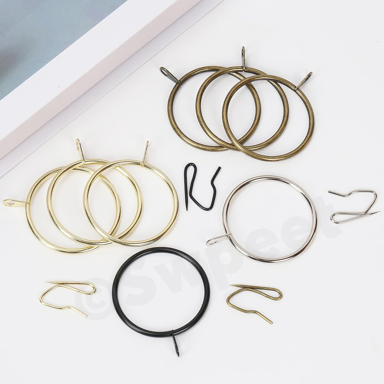 Swpeet 60Pcs 50Mm/2" Inner Diameter Black Metal Curtain Ring with Pin-On Drapery Hooks Assortment Kit, Drape Sliding Eyelet Ring Metal Curtain Hooks, for Window Door Shower Curtain image number 6