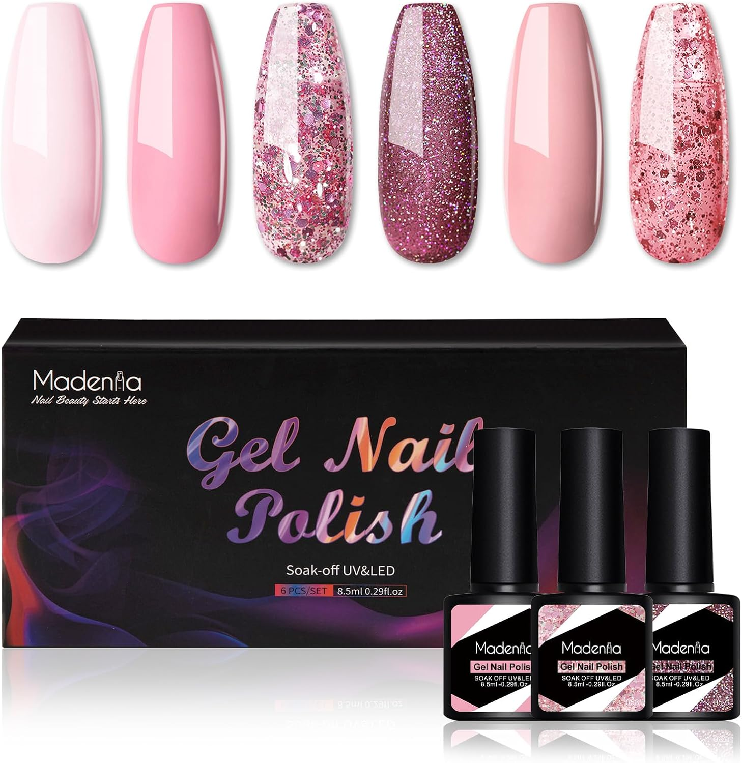 Madenia Gel Nail Polish Set: 6 Colours Red Burgundy Glitter Nail Polish Set Soak off UV/LED, Quick Drying Nail Varnish Nail Art DIY Manicure Salon & Home for Women, 8.5ML