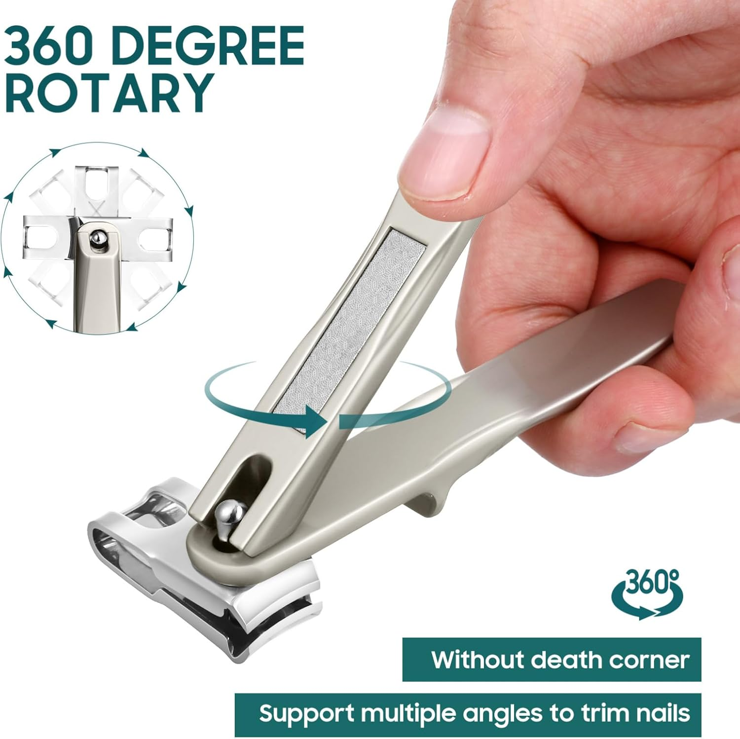 BESPORTBLE Rotatable Nail Clipper, 360-Degree Swivel Nail Trimmer with Leather Case for Men and Women, Silver, 3.74 Inch image number 3