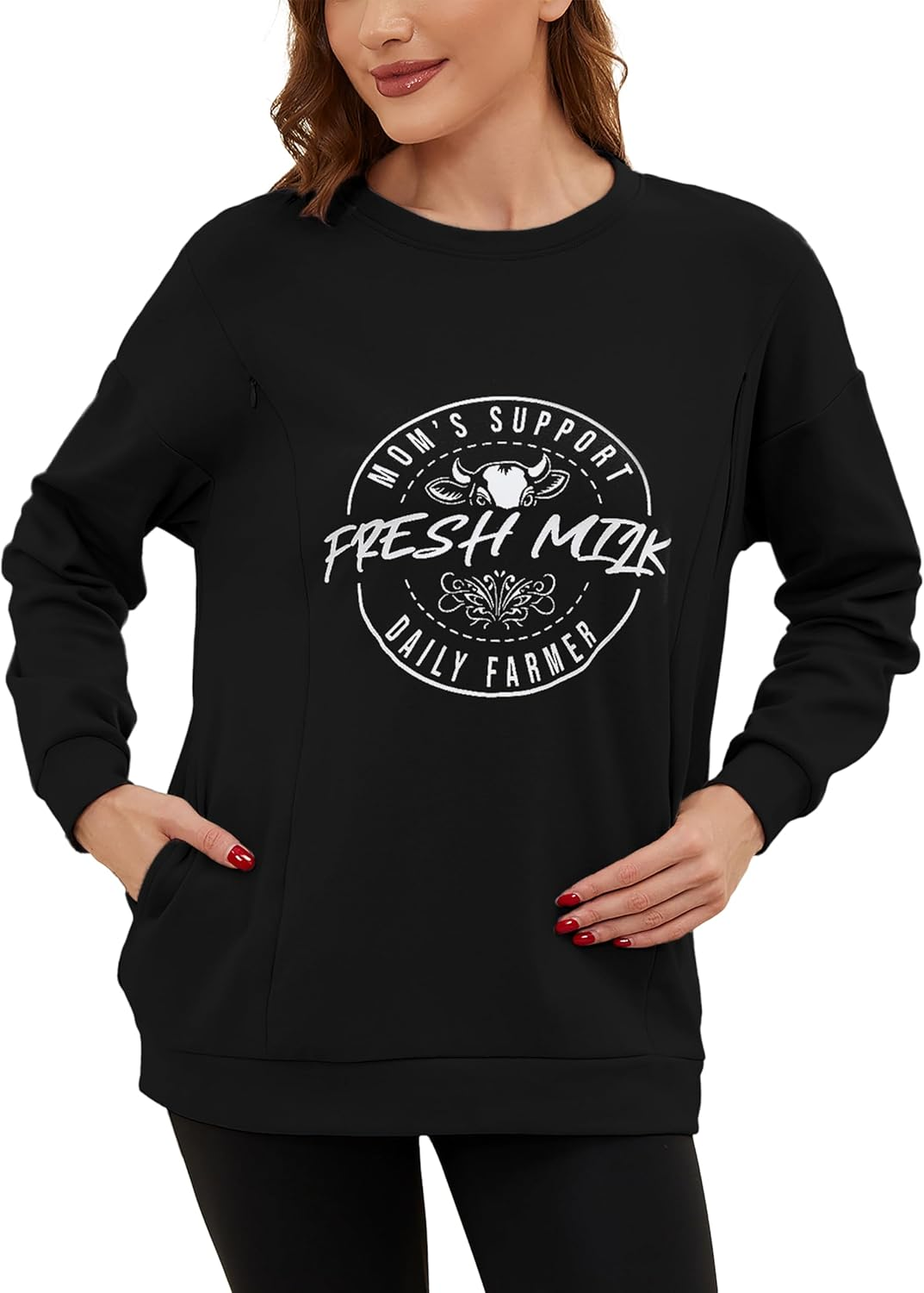 Liu & Qu Women'S Oversized Maternity Nursing Sweatshirt with Hidden Zippers Pullover Long Sleeve Breastfeeding Shirts