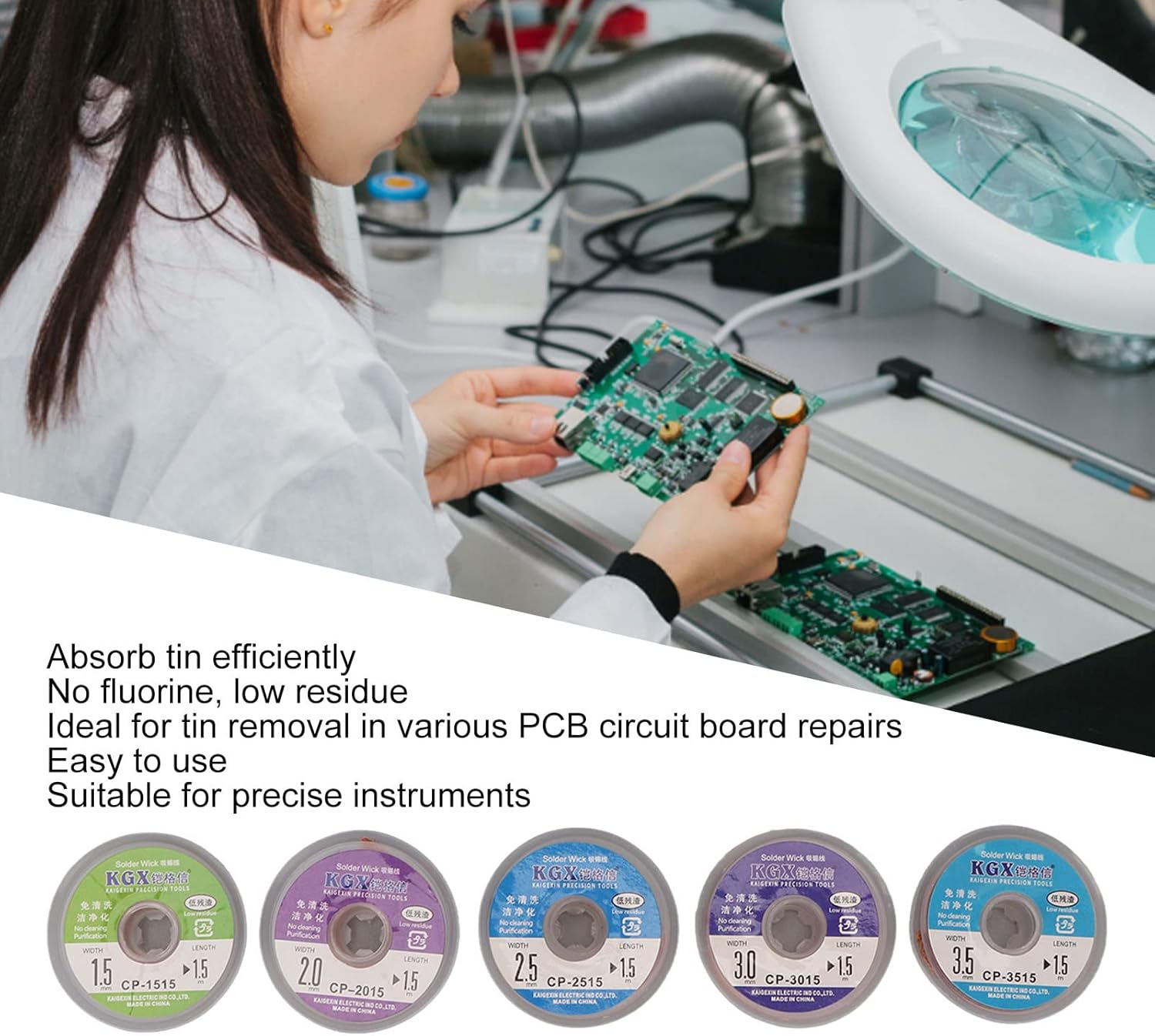 Solder Wick, 5 Pieces 1.5Mm 2Mm 2.5Mm 3Mm 3.5Mm Width 1.5M Length Solder Wick Braid Multi Color Copper Soldering Wick Wire Roll Welding Tool Set image number 6